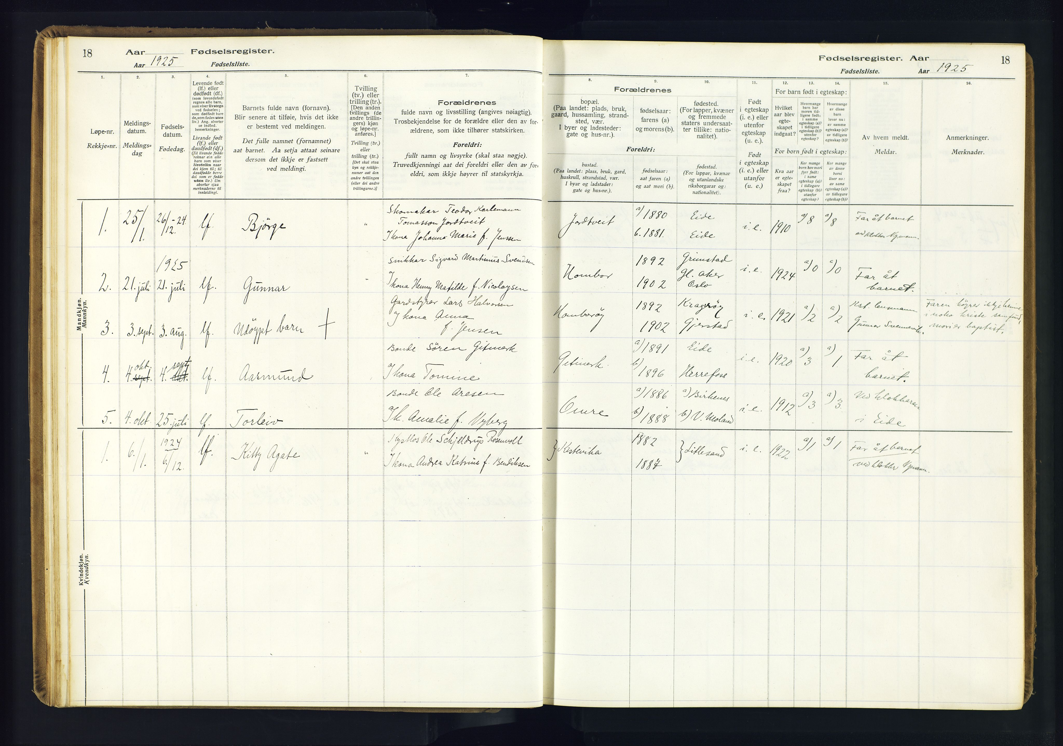 Hommedal sokneprestkontor, SAK/1111-0023/J/Jd/L0003: Birth register no. 3, 1916-1982, p. 18