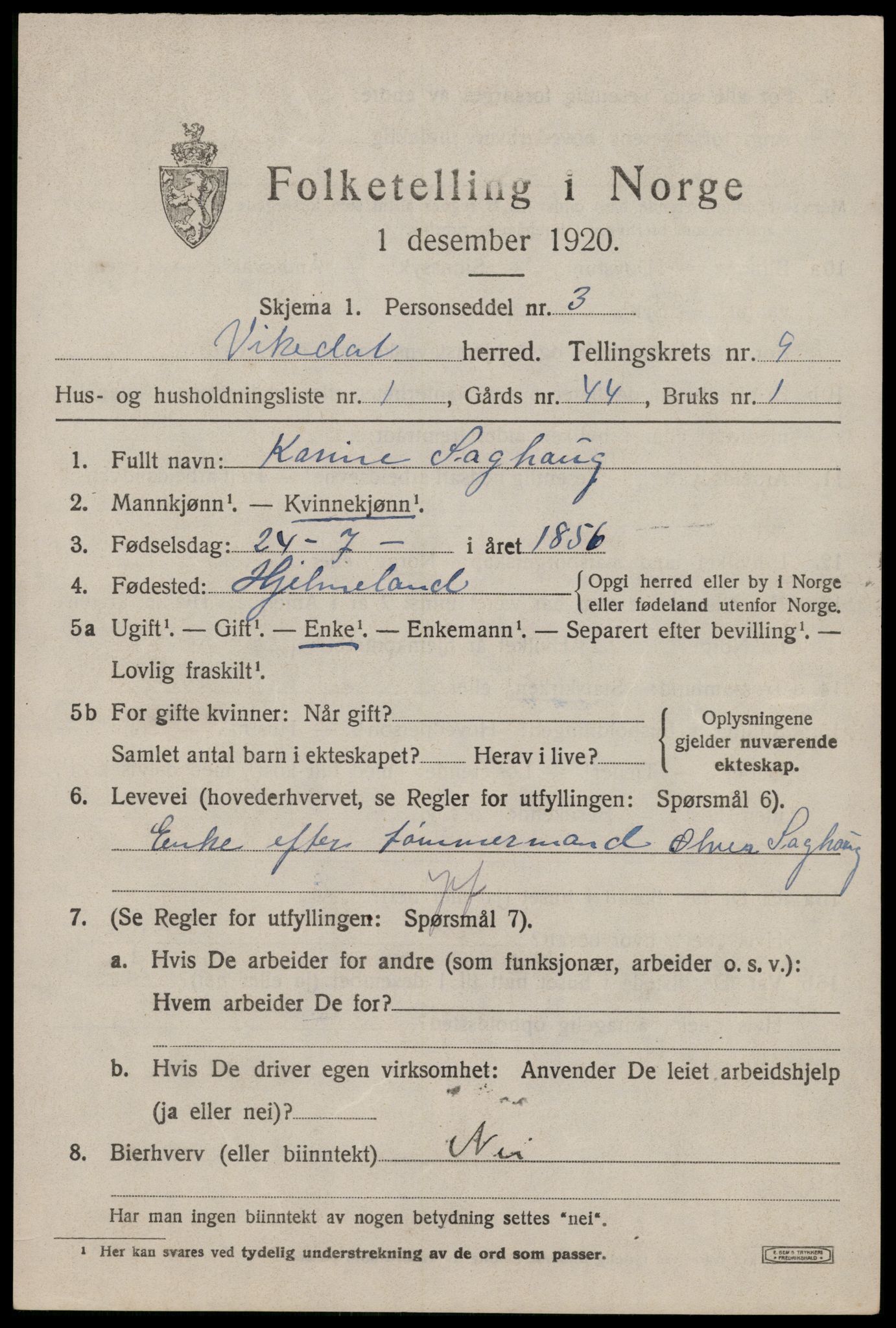 SAST, 1920 census for Vikedal, 1920, p. 2927