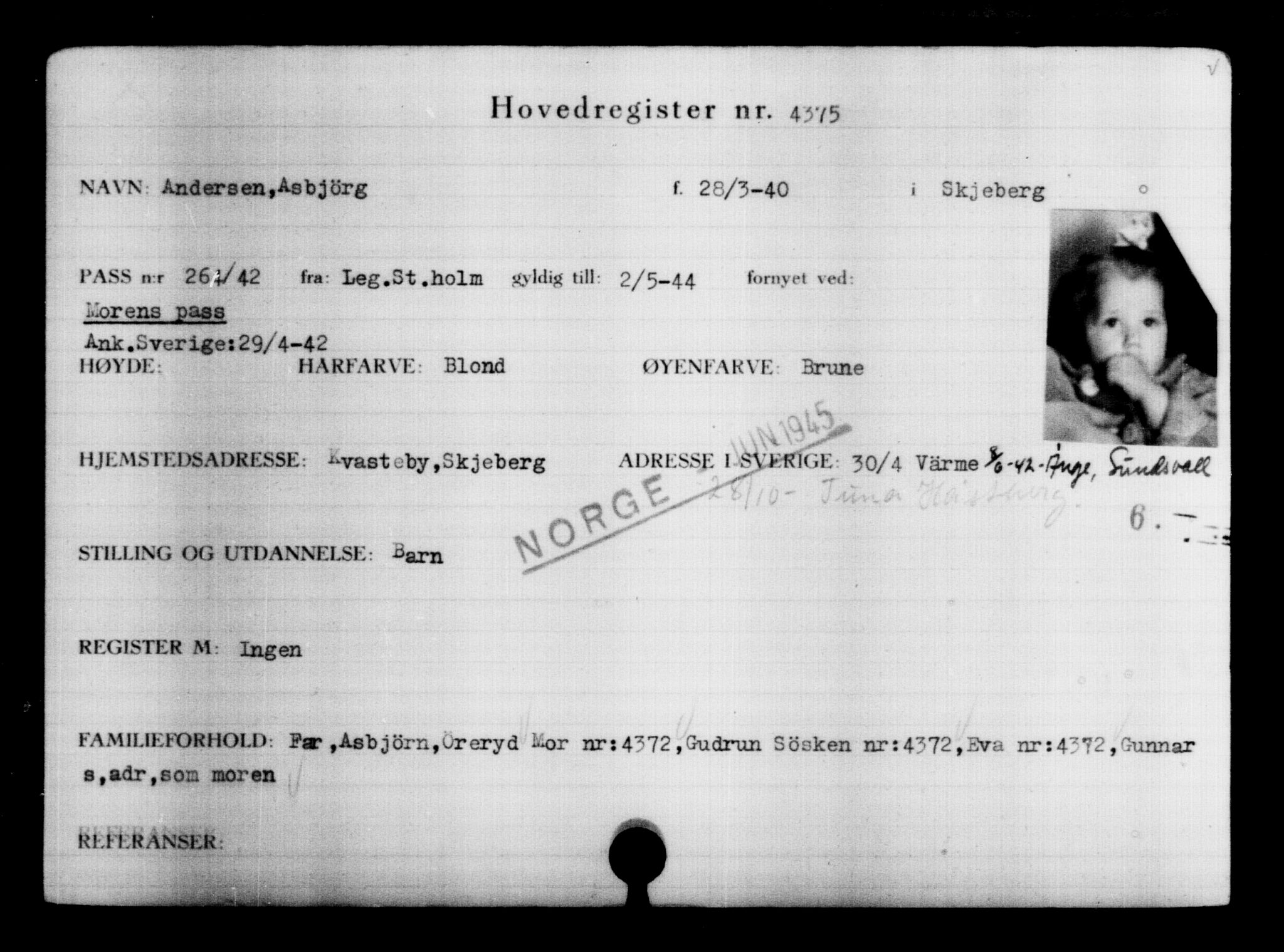 Utenriksstasjonene, Legasjonen i Stockholm, Flyktningkontoret, AV/RA-S-6753/V/Va/L0004: Kjesäterkartoteket, flyktninger med registreringsnr. 3496-6610, 1940-1945, p. 1064