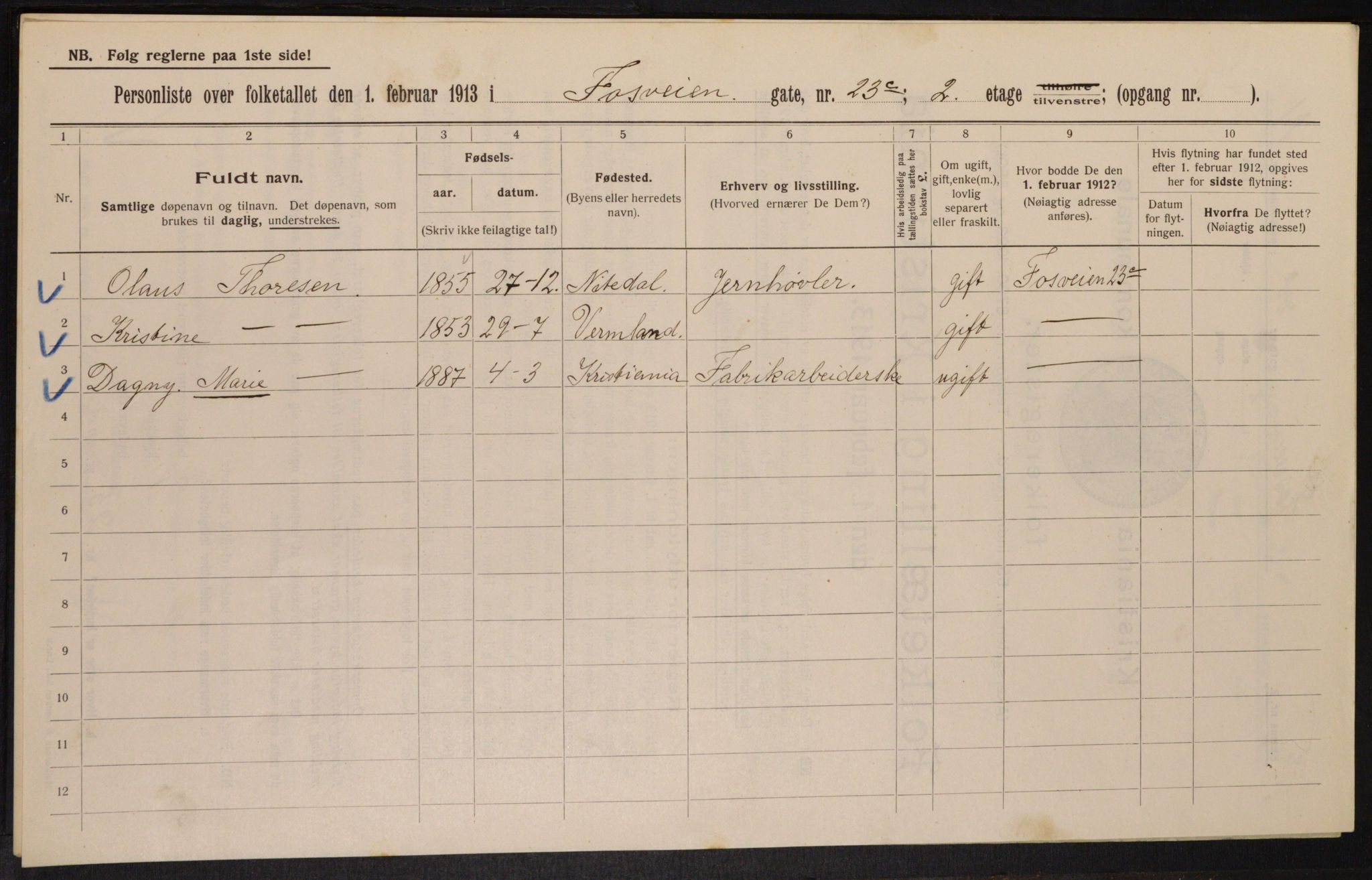 OBA, Municipal Census 1913 for Kristiania, 1913, p. 25465