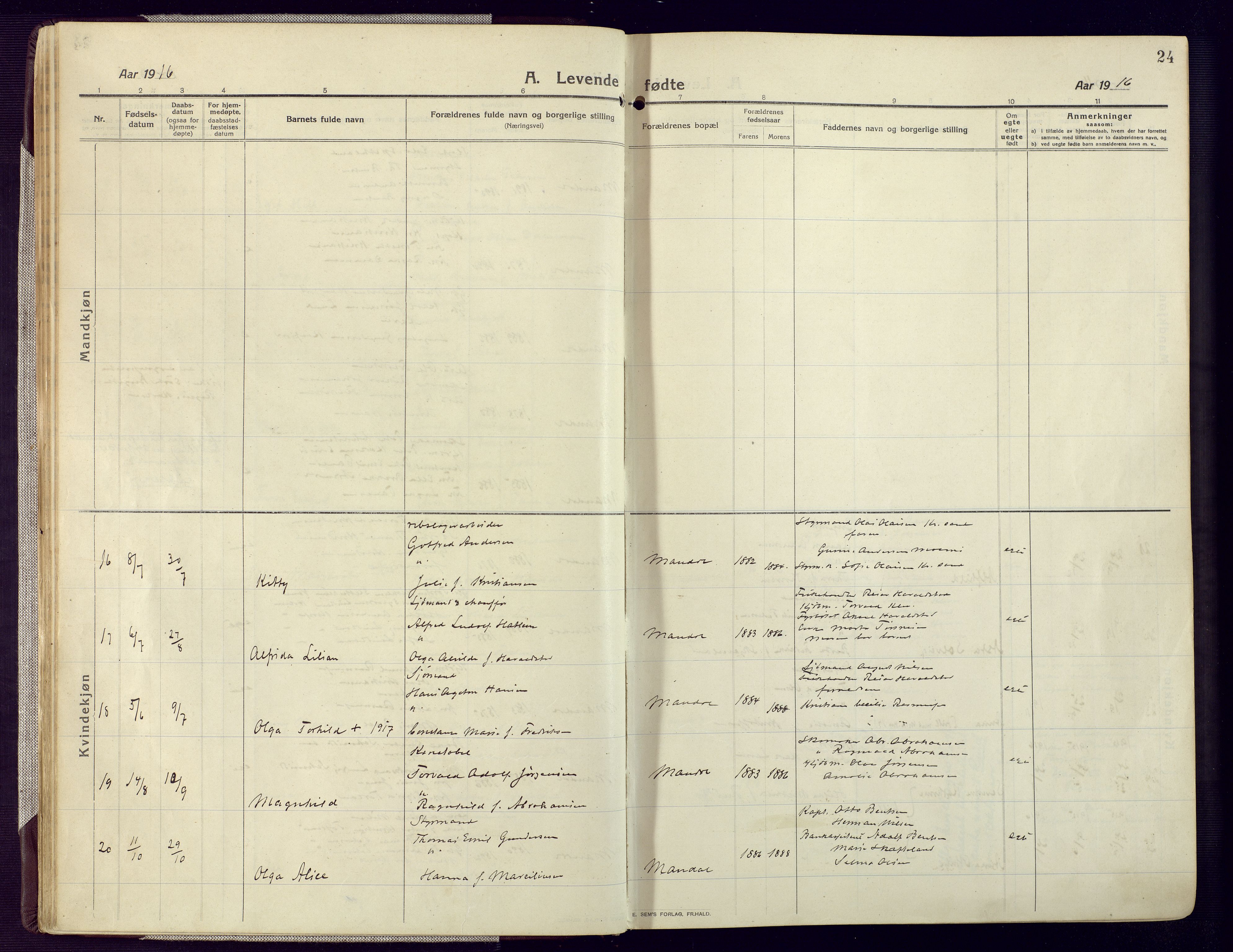 Mandal sokneprestkontor, AV/SAK-1111-0030/F/Fa/Fac/L0001: Parish register (official) no. A 1, 1913-1925, p. 24