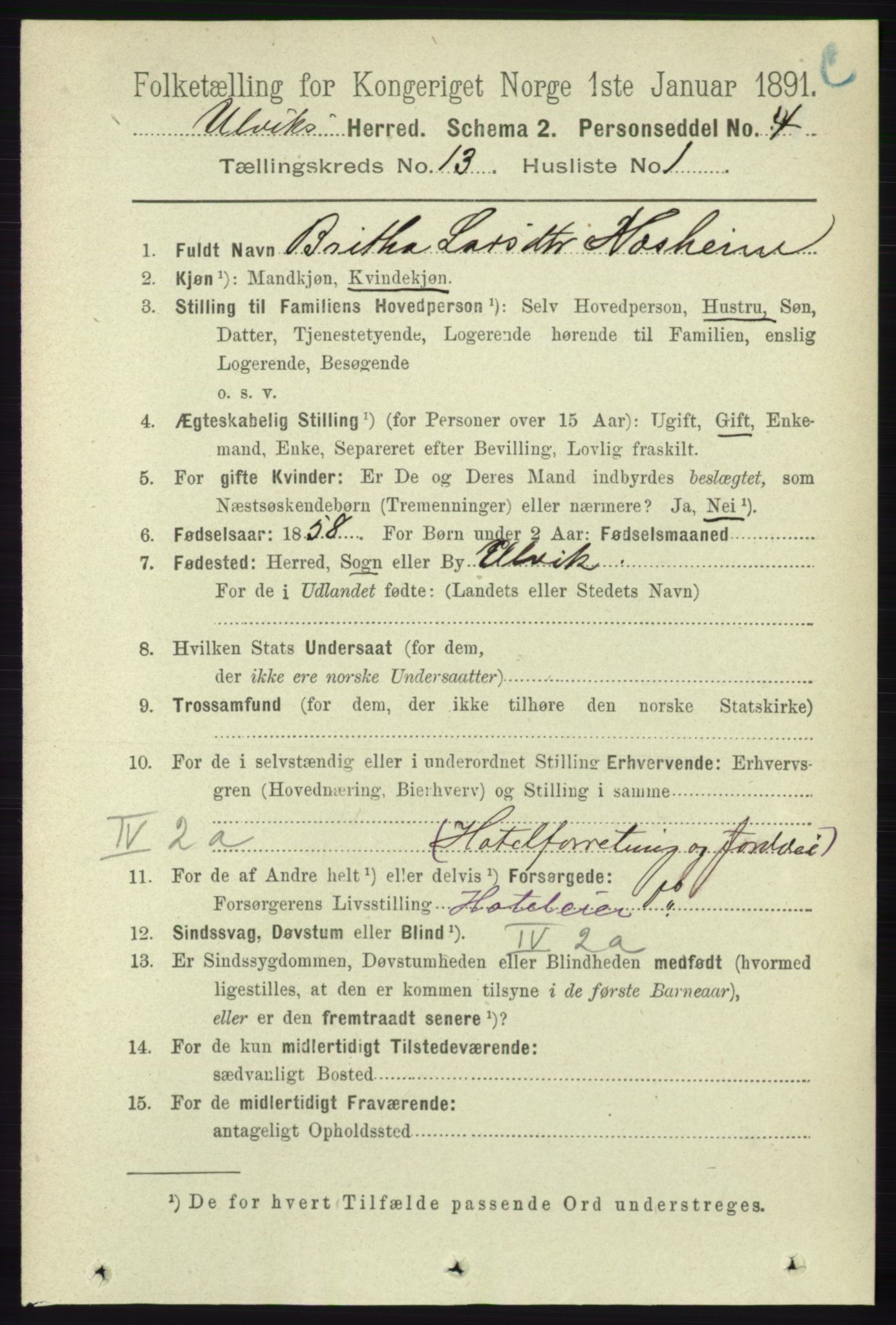 RA, 1891 census for 1233 Ulvik, 1891, p. 3898