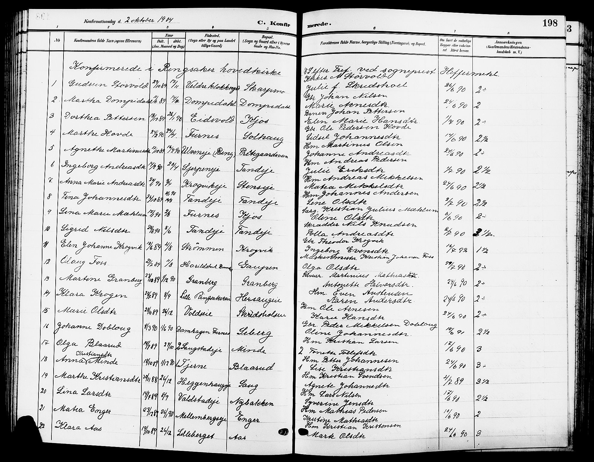 Ringsaker prestekontor, SAH/PREST-014/L/La/L0015: Parish register (copy) no. 15, 1903-1912, p. 198