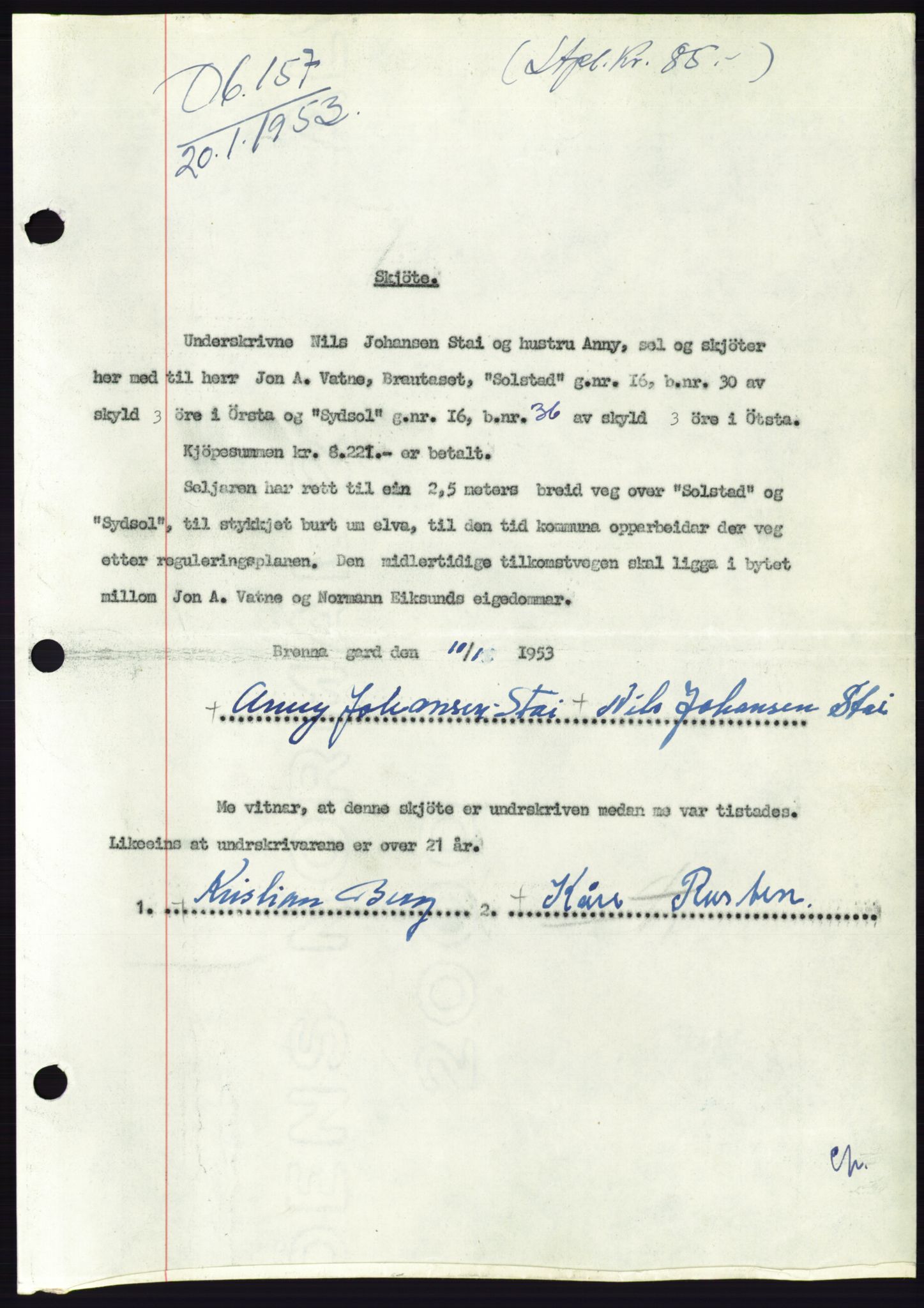 Søre Sunnmøre sorenskriveri, AV/SAT-A-4122/1/2/2C/L0094: Mortgage book no. 20A, 1953-1953, Diary no: : 157/1953