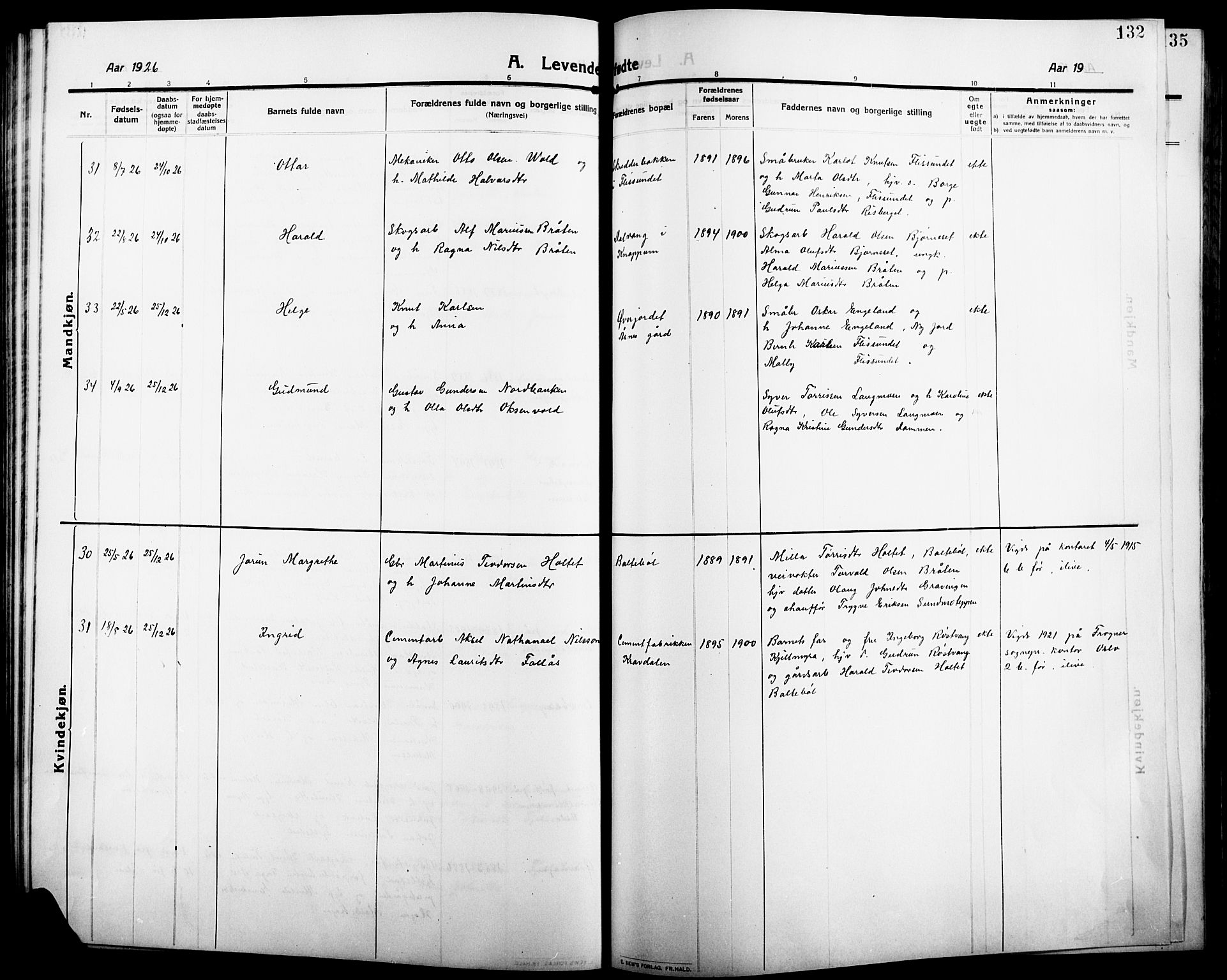 Åsnes prestekontor, AV/SAH-PREST-042/H/Ha/Hab/L0007: Parish register (copy) no. 7, 1909-1926, p. 132