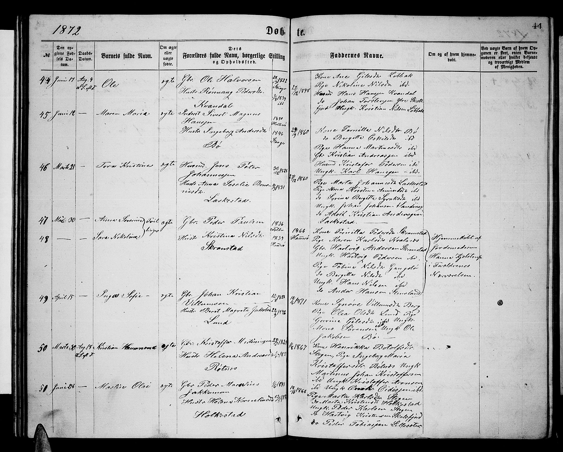 Ministerialprotokoller, klokkerbøker og fødselsregistre - Nordland, AV/SAT-A-1459/855/L0815: Parish register (copy) no. 855C04, 1865-1878, p. 44