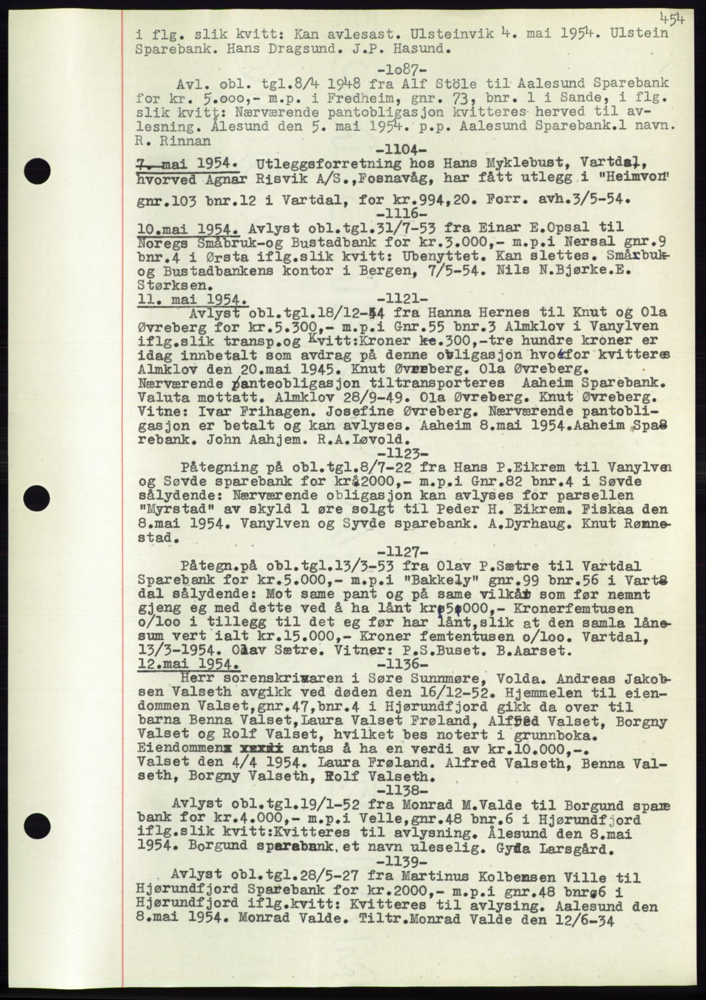 Søre Sunnmøre sorenskriveri, AV/SAT-A-4122/1/2/2C/L0072: Mortgage book no. 66, 1941-1955, Diary no: : 1087/1954