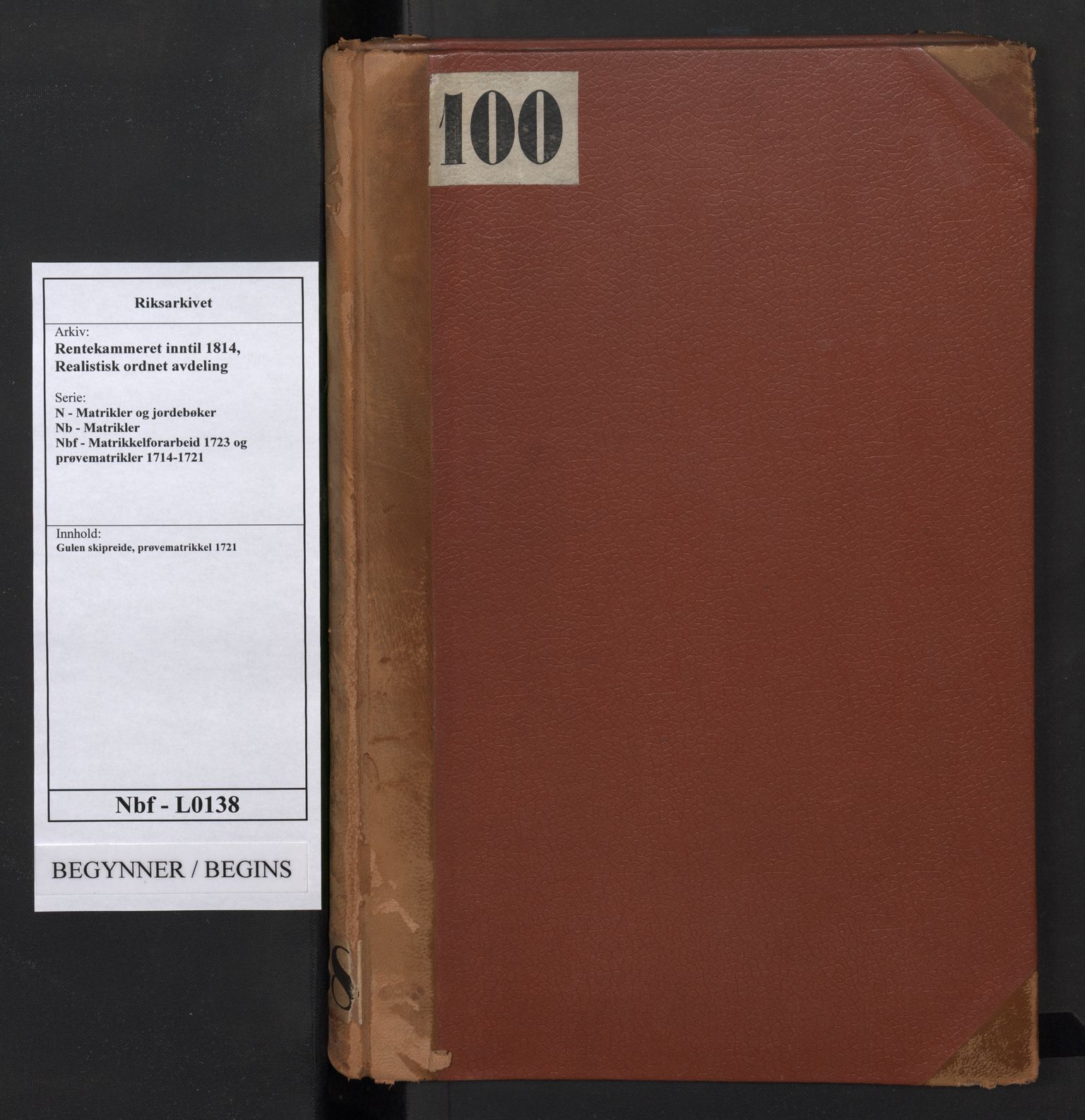 Rentekammeret inntil 1814, Realistisk ordnet avdeling, RA/EA-4070/N/Nb/Nbf/L0138: Gulen skipreide, prøvematrikkel, 1721, p. 1