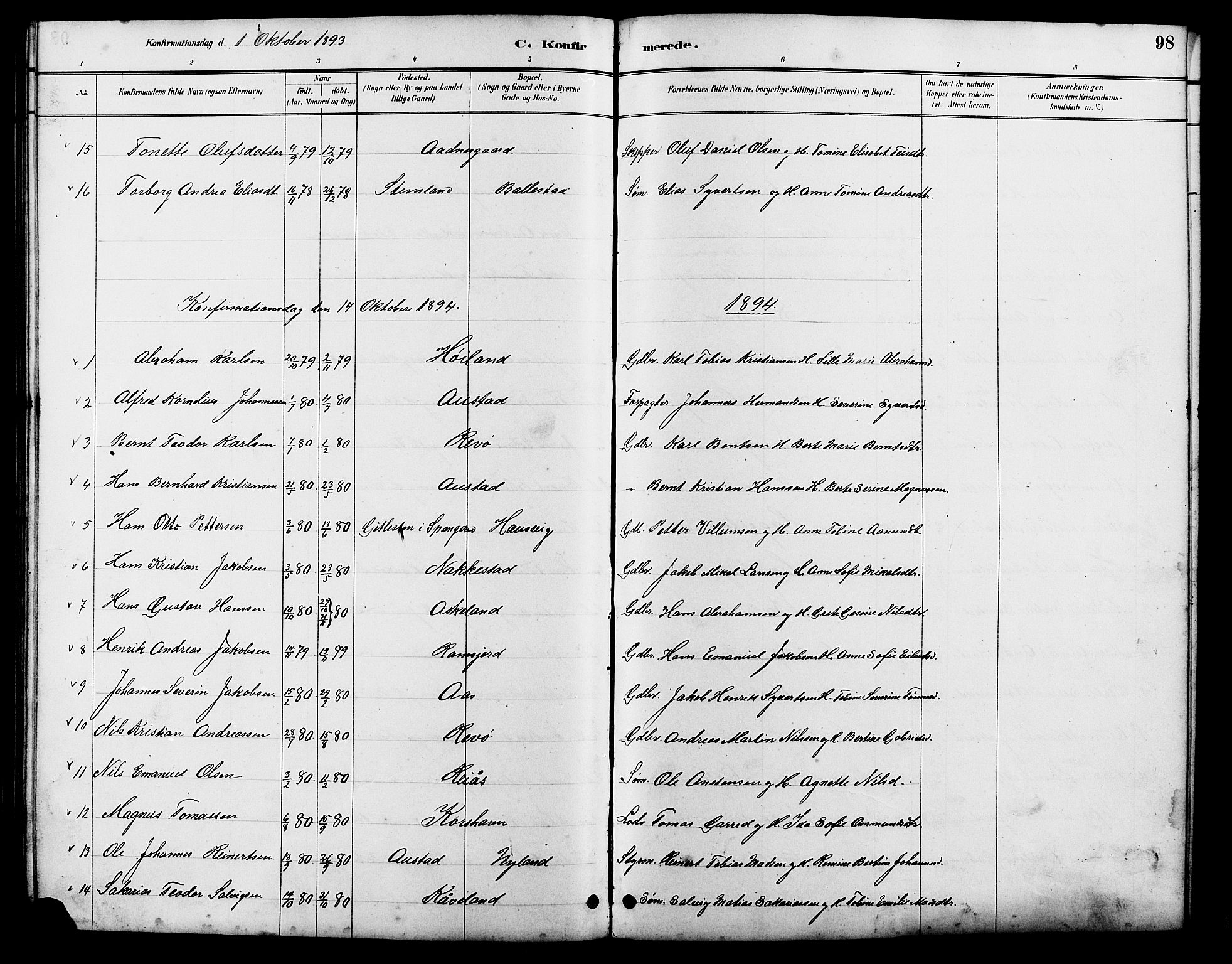 Lyngdal sokneprestkontor, AV/SAK-1111-0029/F/Fb/Fba/L0003: Parish register (copy) no. B 3, 1886-1903, p. 98