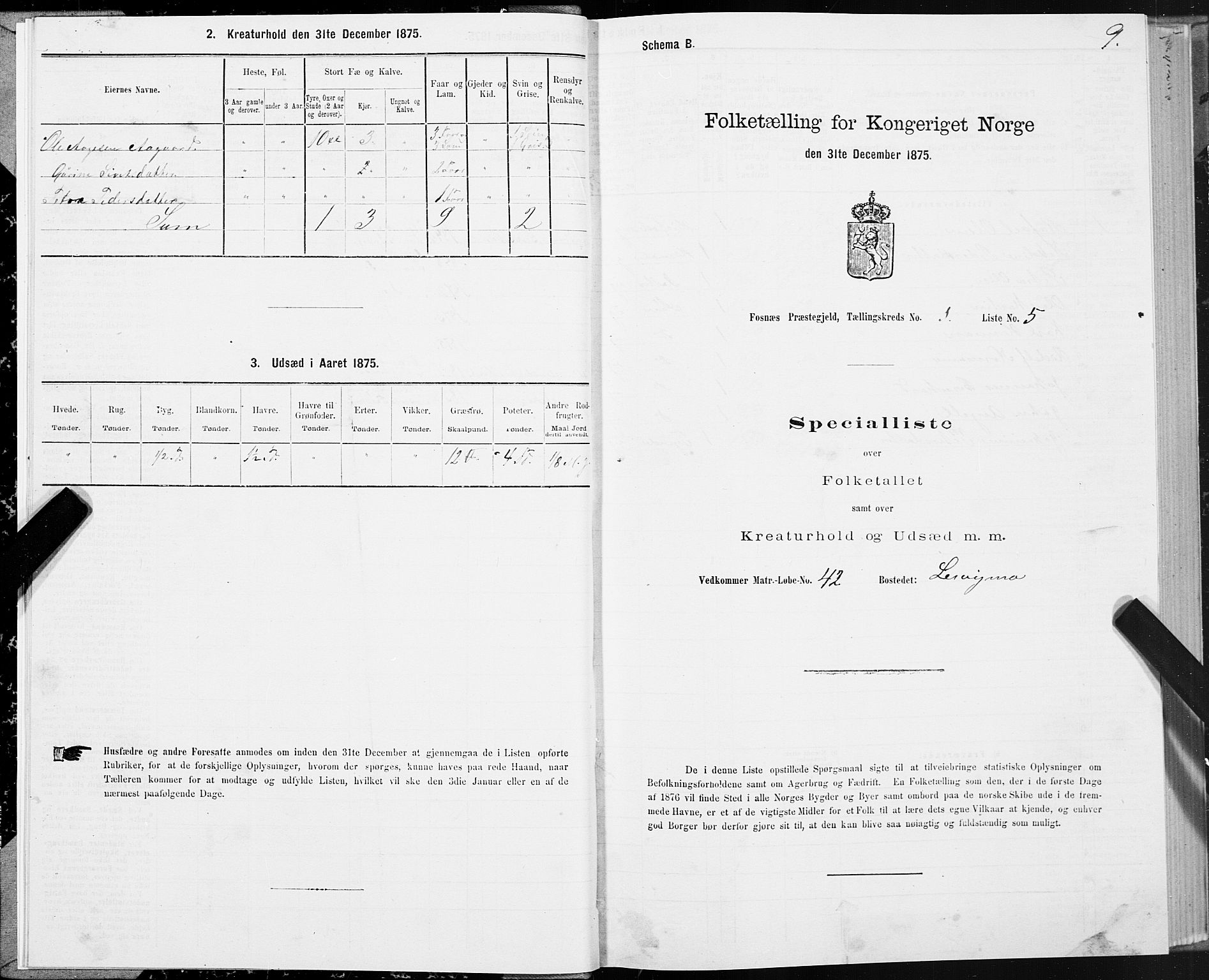 SAT, 1875 census for 1748P Fosnes, 1875, p. 3009