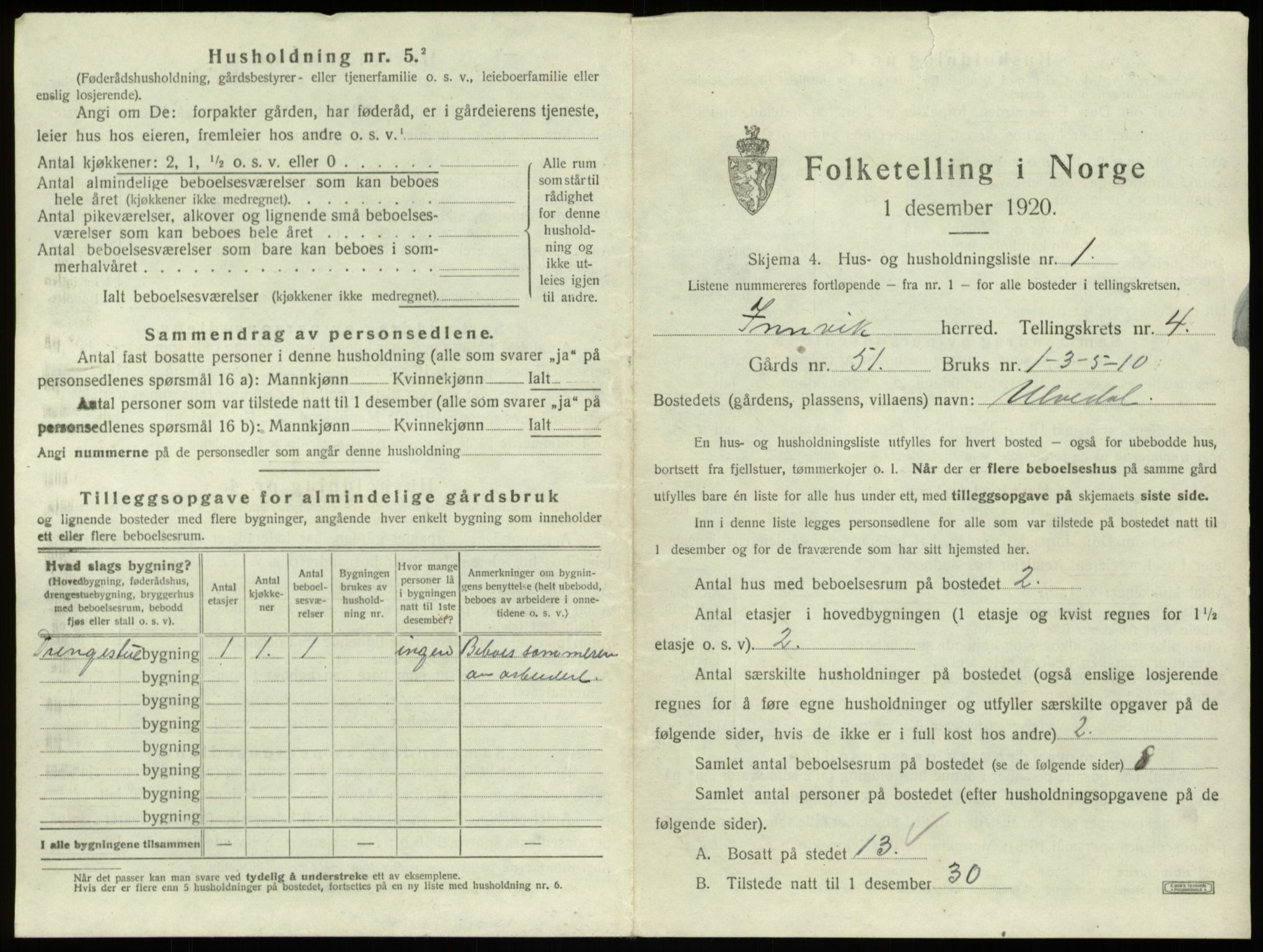 SAB, 1920 census for Innvik, 1920, p. 228