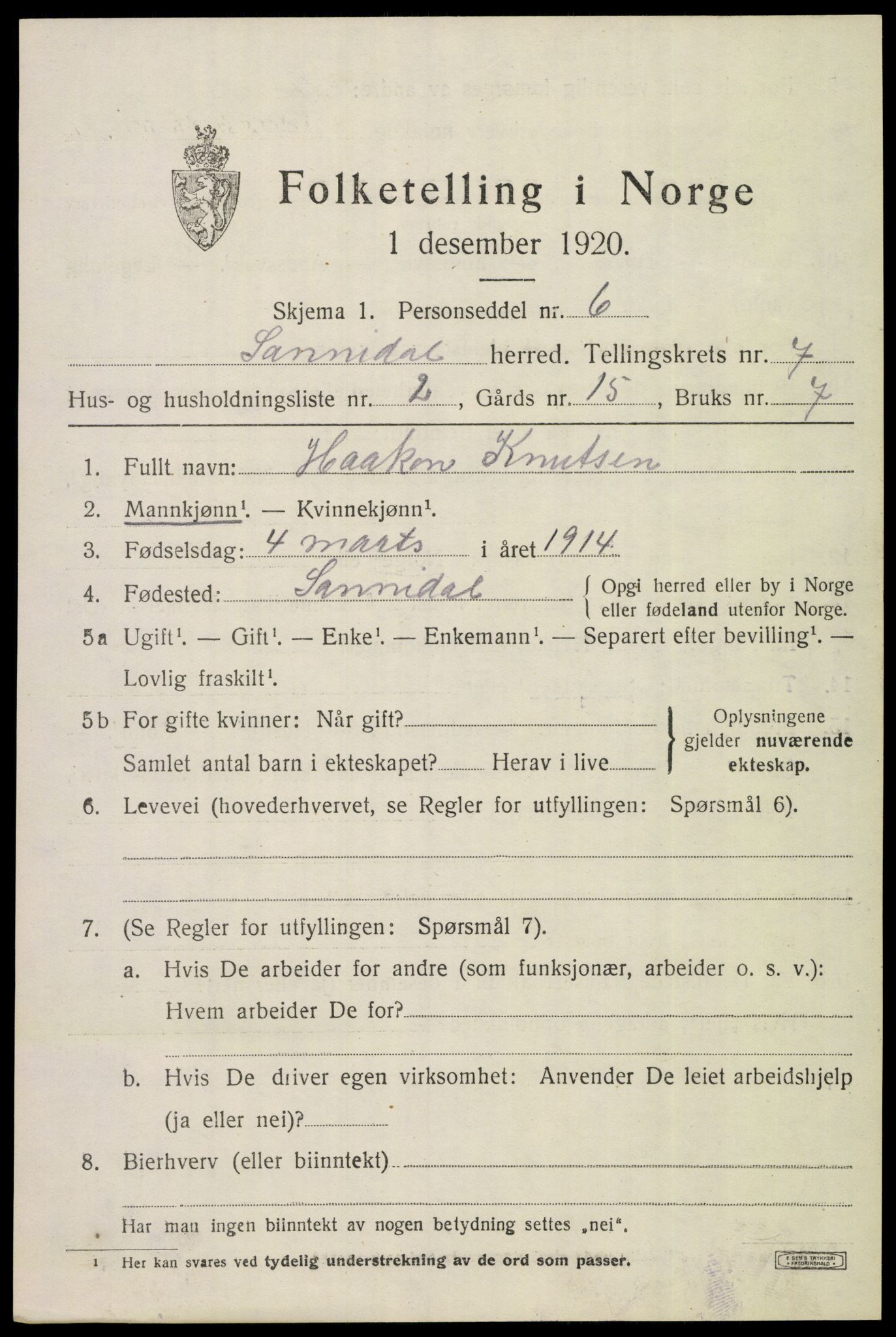 SAKO, 1920 census for Sannidal, 1920, p. 4931