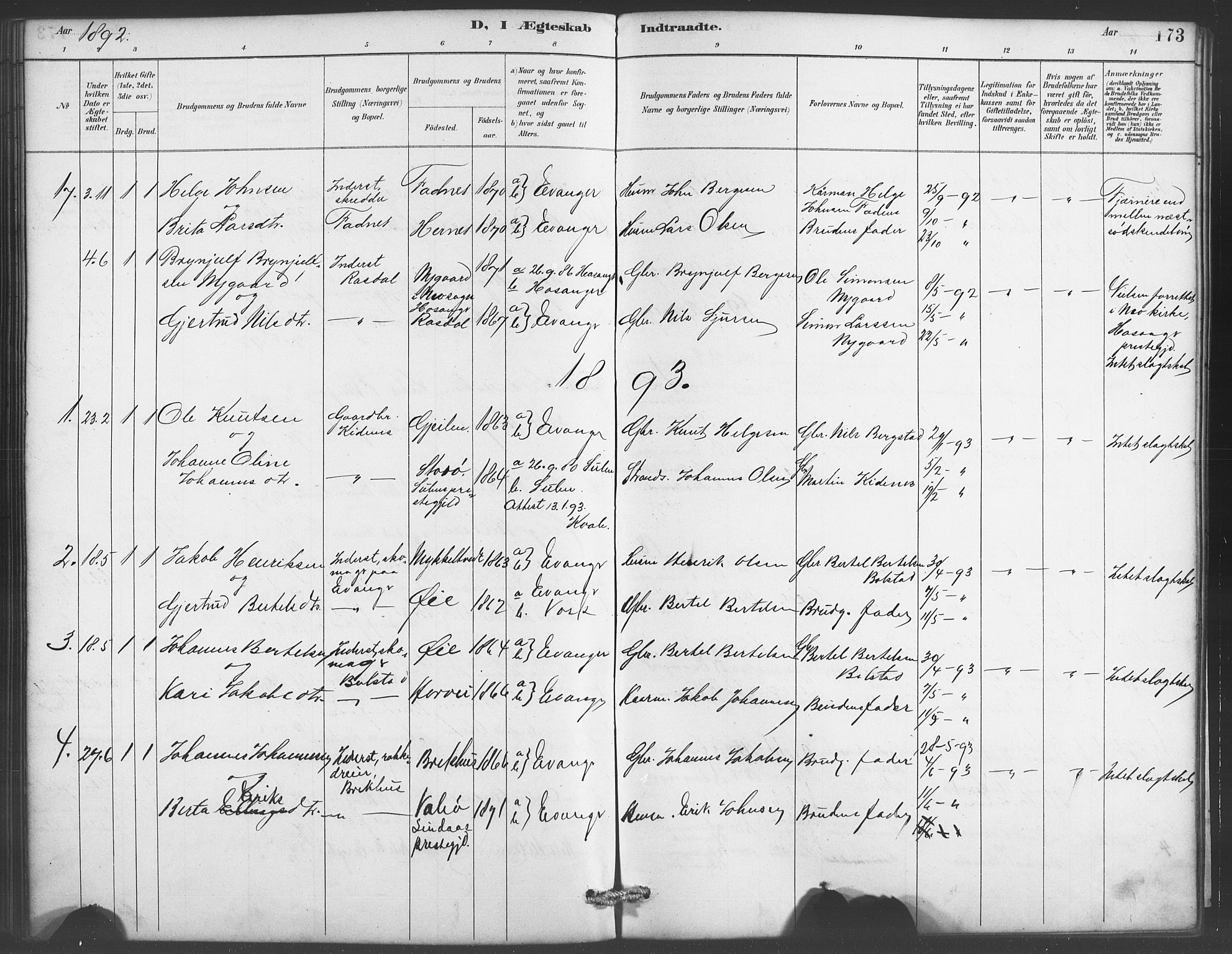 Evanger sokneprestembete, SAB/A-99924: Parish register (copy) no. A 4, 1887-1897, p. 173