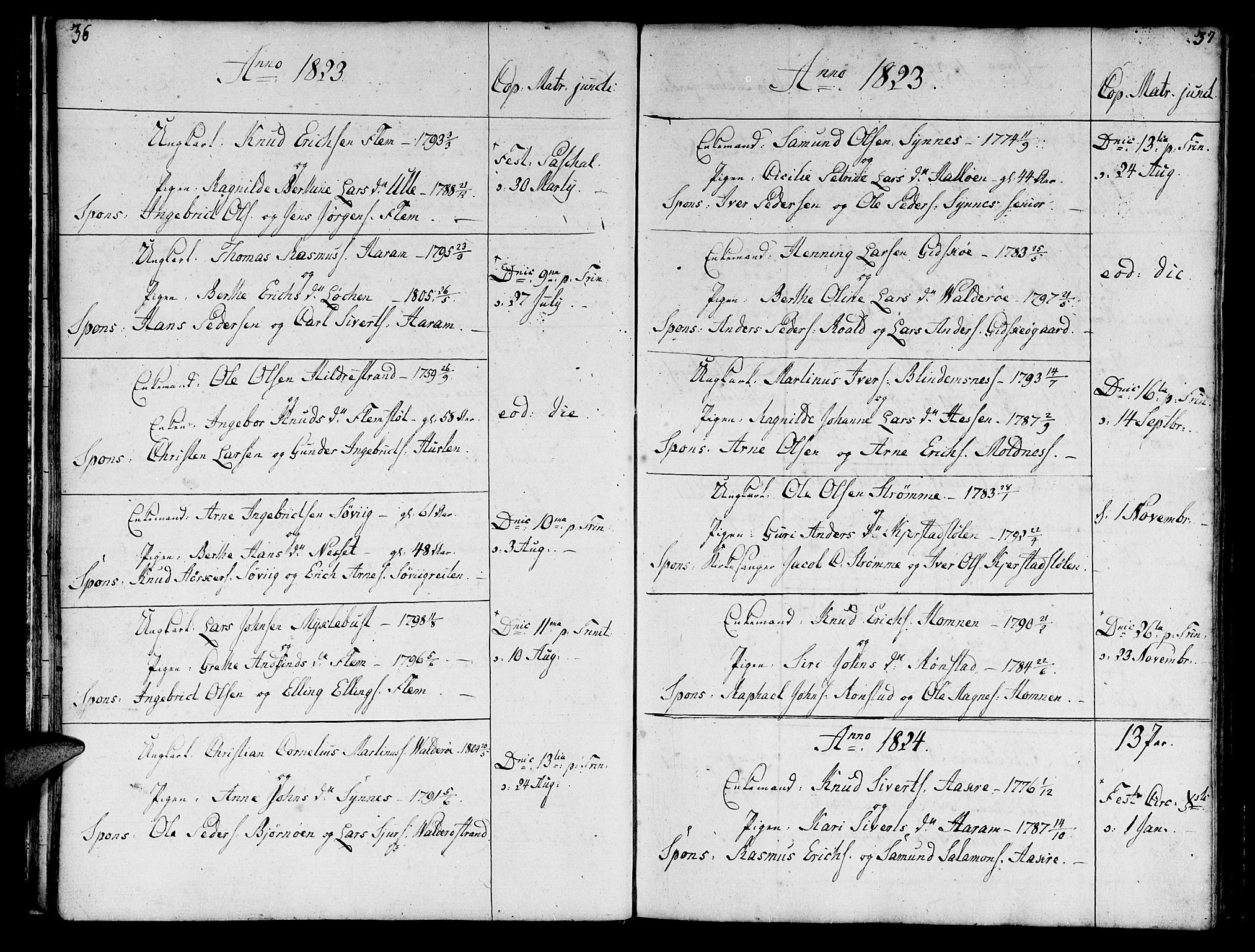Ministerialprotokoller, klokkerbøker og fødselsregistre - Møre og Romsdal, AV/SAT-A-1454/536/L0494: Parish register (official) no. 536A03, 1803-1836, p. 36-37