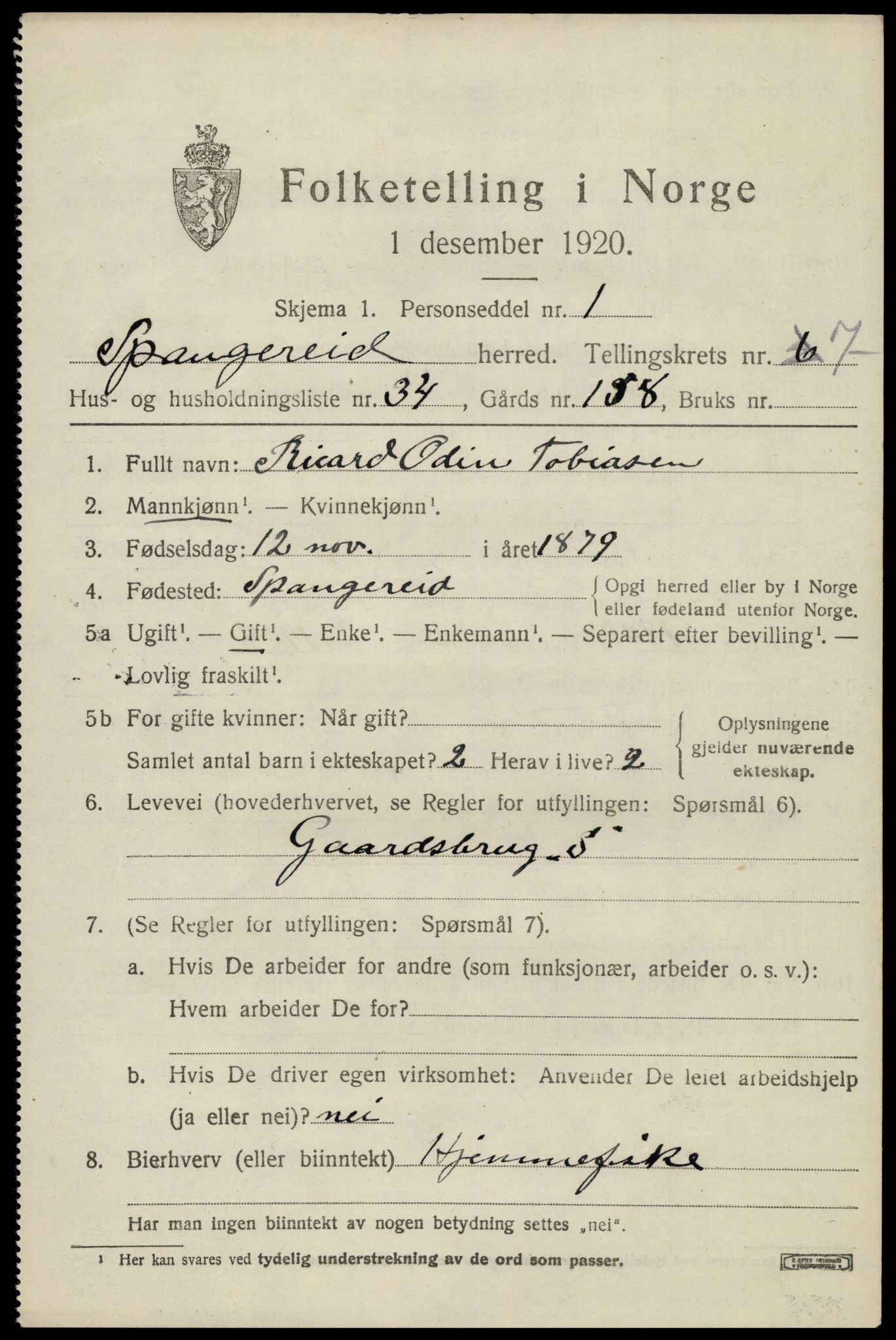 SAK, 1920 census for Spangereid, 1920, p. 2813