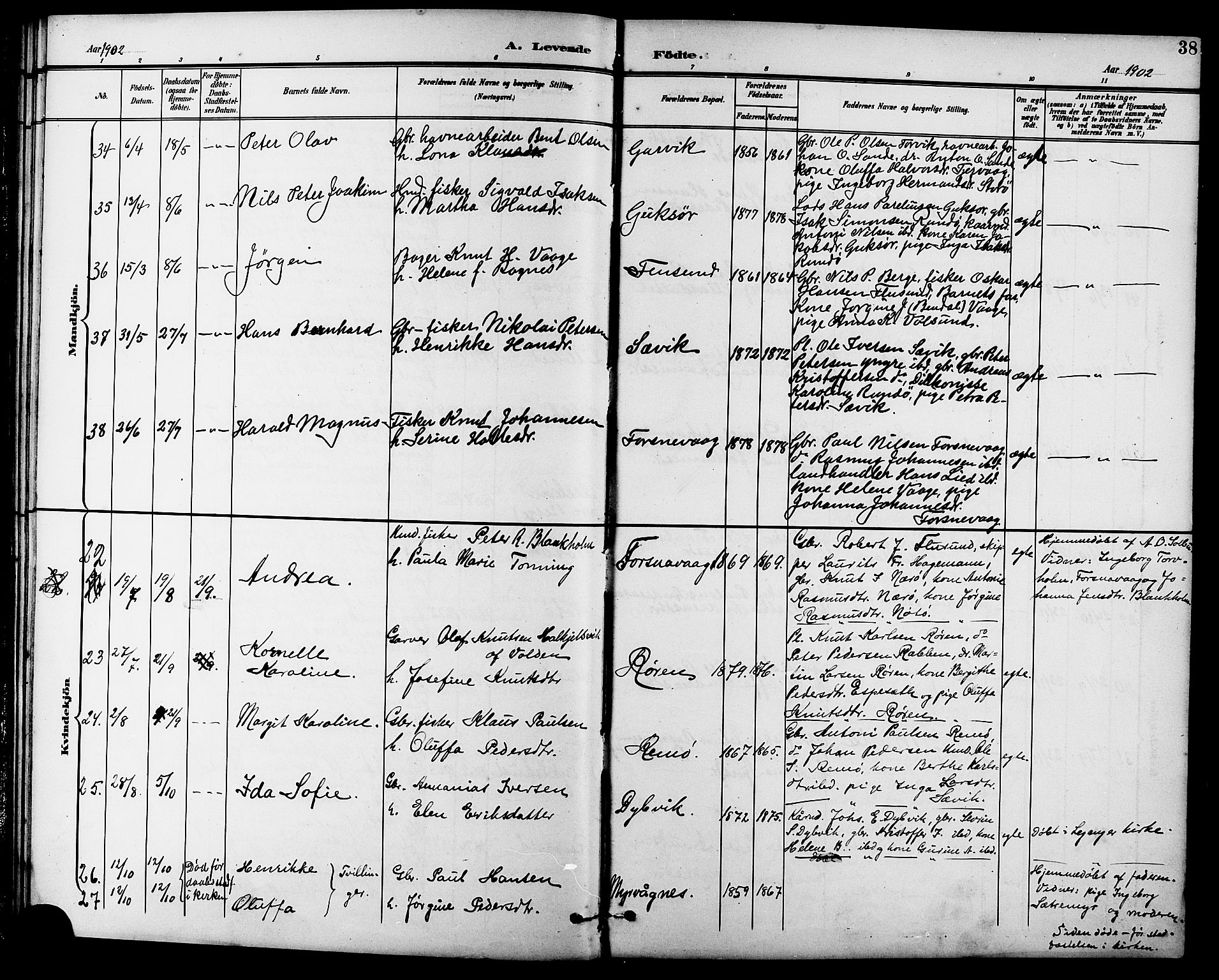 Ministerialprotokoller, klokkerbøker og fødselsregistre - Møre og Romsdal, AV/SAT-A-1454/507/L0082: Parish register (copy) no. 507C05, 1896-1914, p. 38