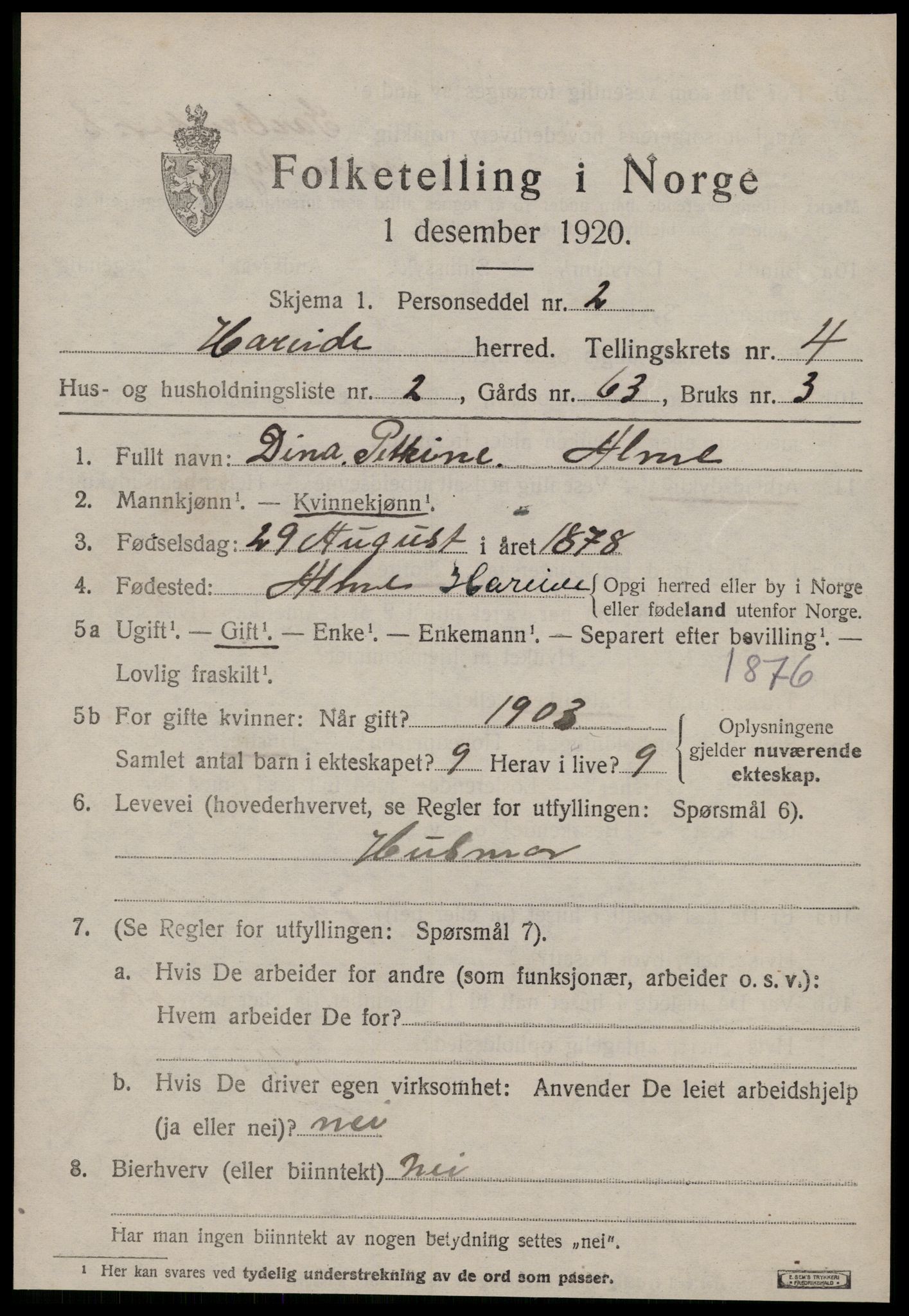 SAT, 1920 census for Hareid, 1920, p. 1703