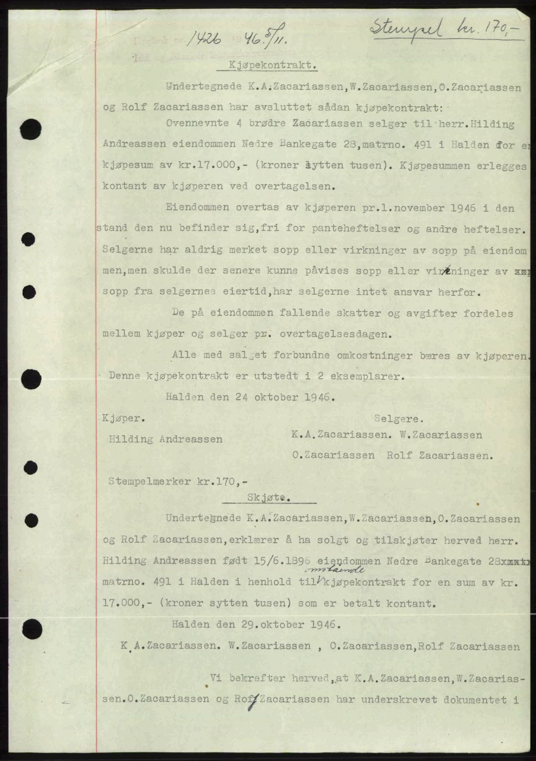 Idd og Marker sorenskriveri, AV/SAO-A-10283/G/Gb/Gbb/L0008: Mortgage book no. A8, 1946-1946, Diary no: : 1426/1946