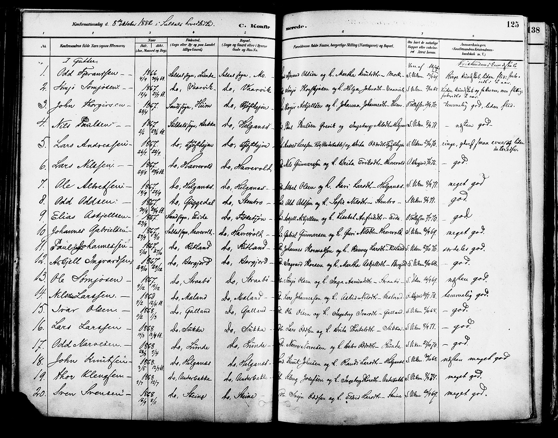 Suldal sokneprestkontor, AV/SAST-A-101845/01/IV/L0011: Parish register (official) no. A 11, 1878-1900, p. 125