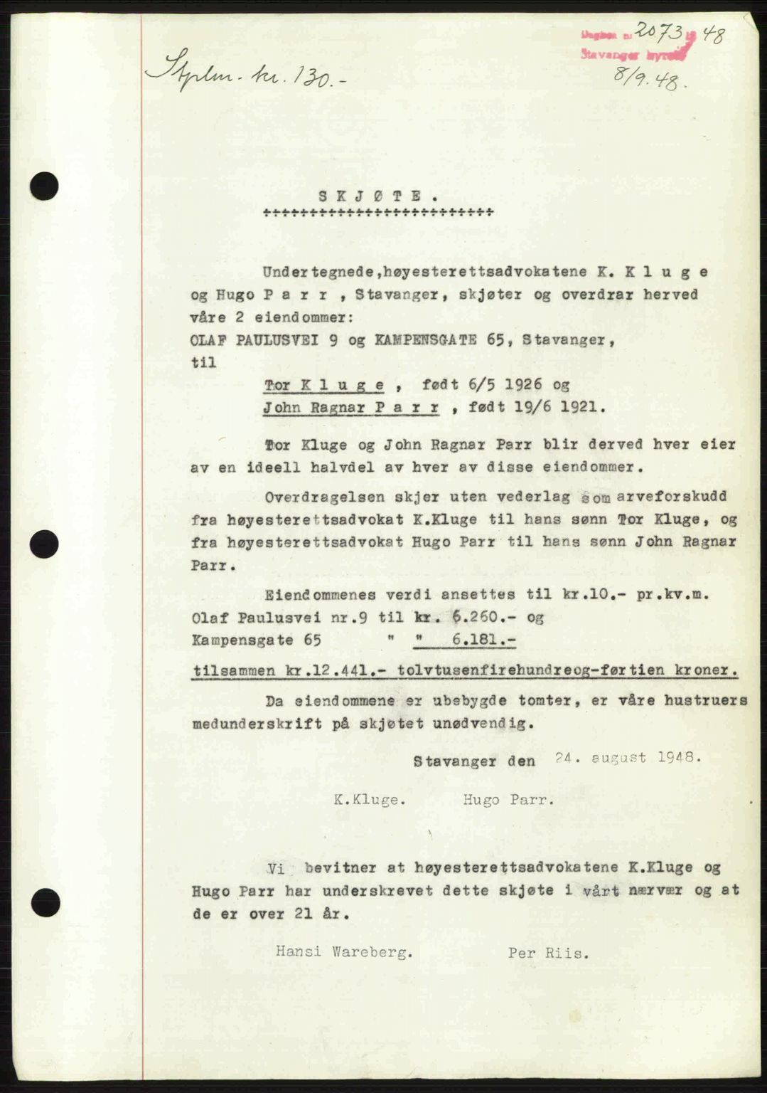 Stavanger byrett, SAST/A-100455/002/G/Gb/L0022: Mortgage book no. A11, 1947-1948, Diary no: : 2073/1948