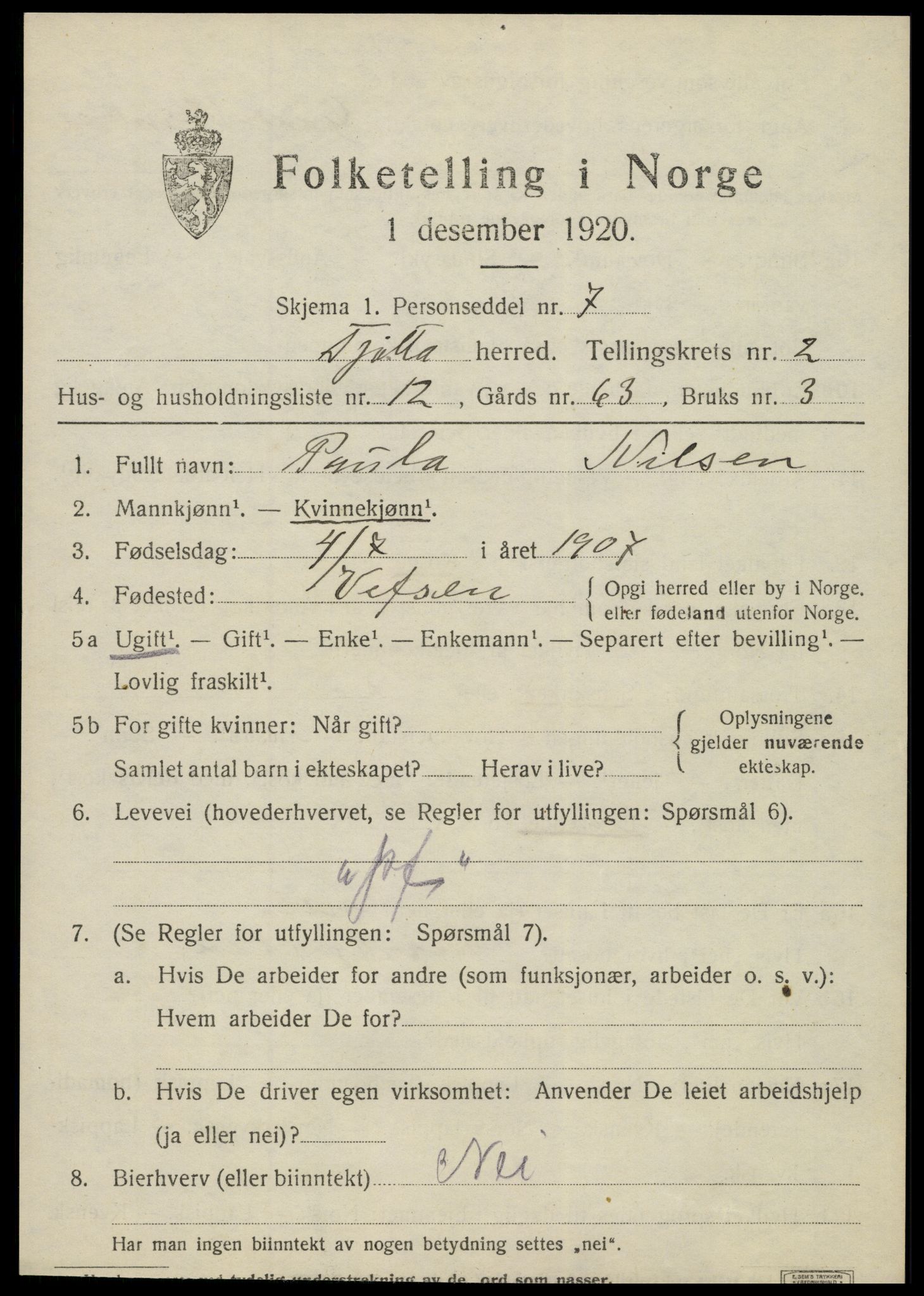 SAT, 1920 census for Tjøtta, 1920, p. 1421