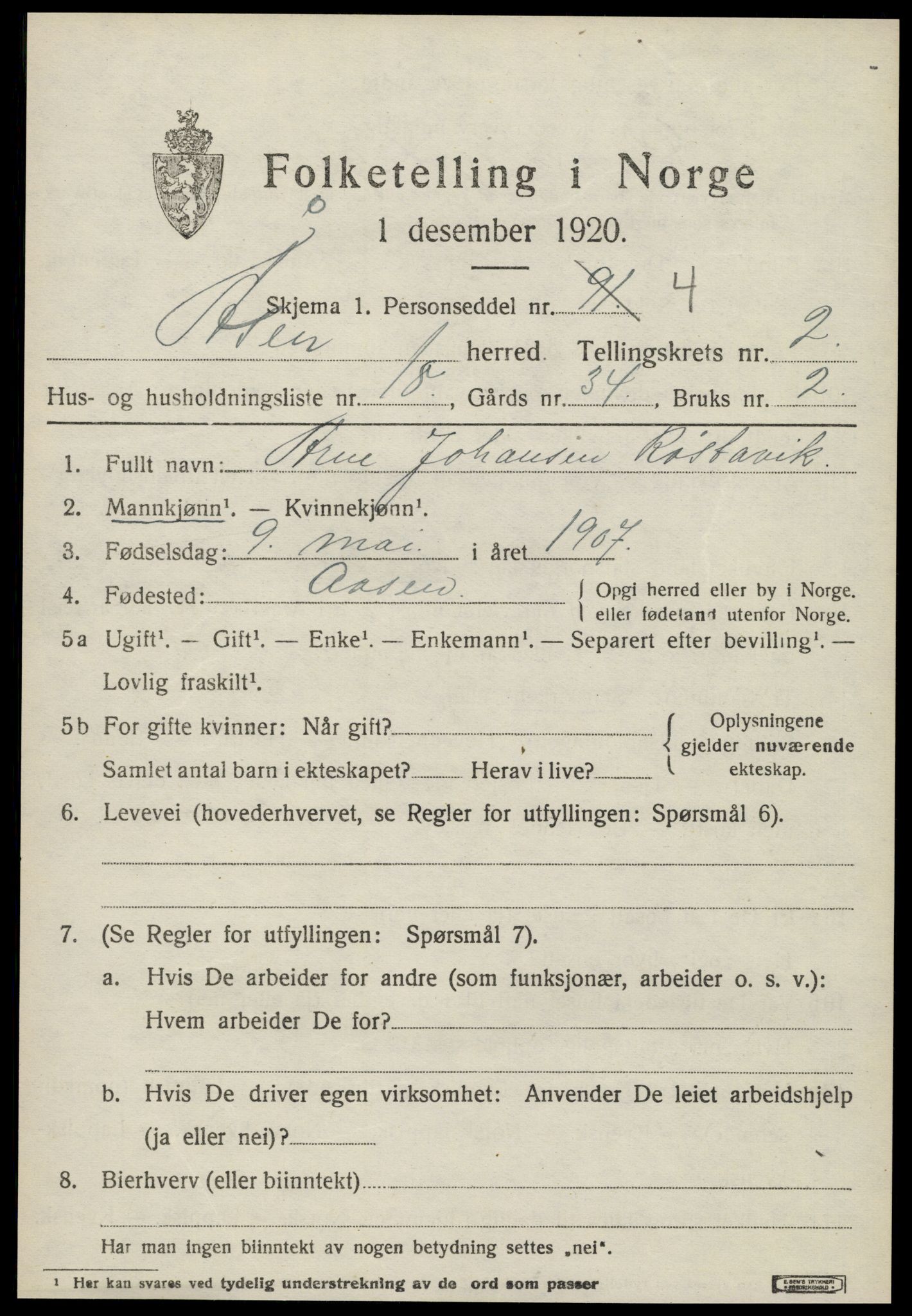 SAT, 1920 census for Åsen, 1920, p. 1888