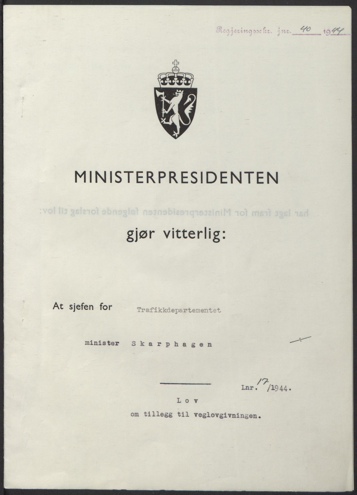 NS-administrasjonen 1940-1945 (Statsrådsekretariatet, de kommisariske statsråder mm), RA/S-4279/D/Db/L0100: Lover, 1944, p. 75