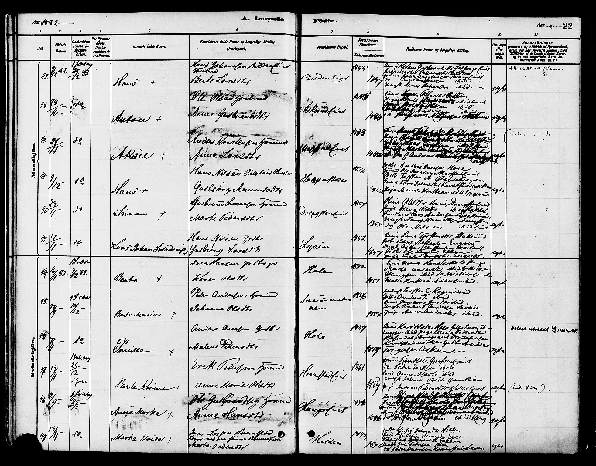 Gran prestekontor, SAH/PREST-112/H/Ha/Haa/L0016: Parish register (official) no. 16, 1880-1888, p. 22