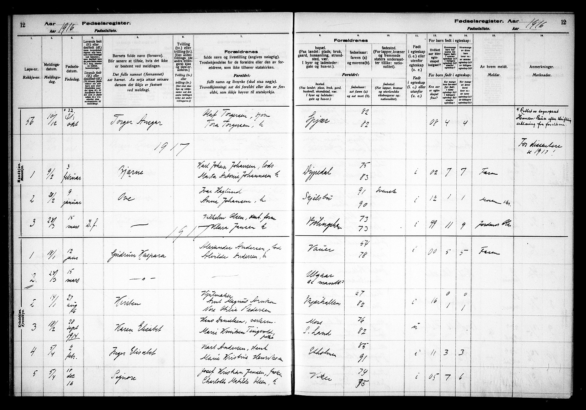 Hvaler prestekontor Kirkebøker, AV/SAO-A-2001/J/Ja/L0001: Birth register no. I 1, 1916-1938, p. 12