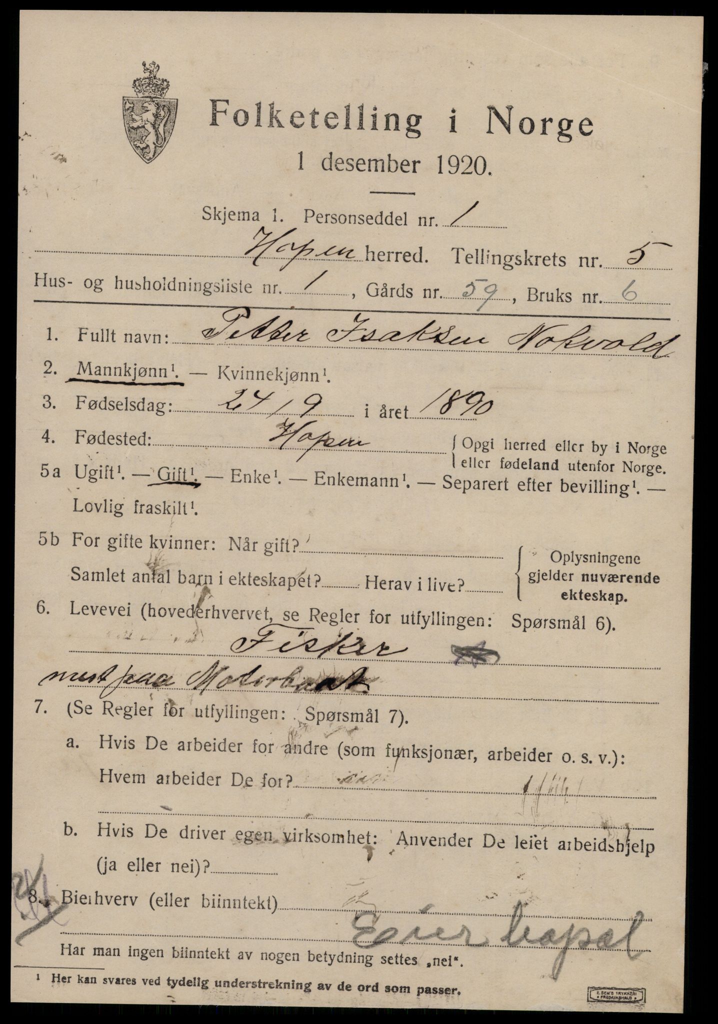 SAT, 1920 census for Hopen, 1920, p. 2352