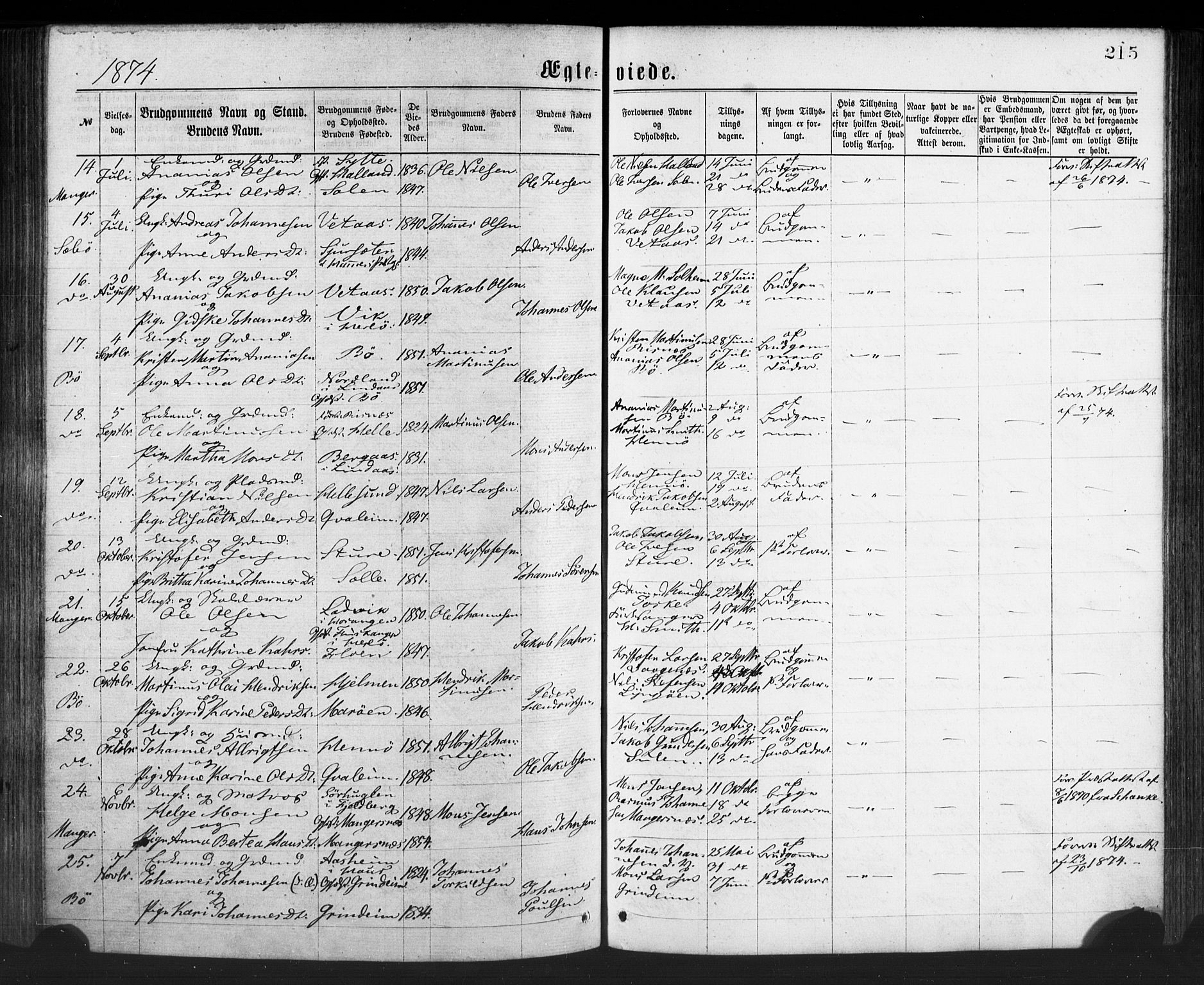 Manger sokneprestembete, SAB/A-76801/H/Haa: Parish register (official) no. A 8, 1871-1880, p. 215