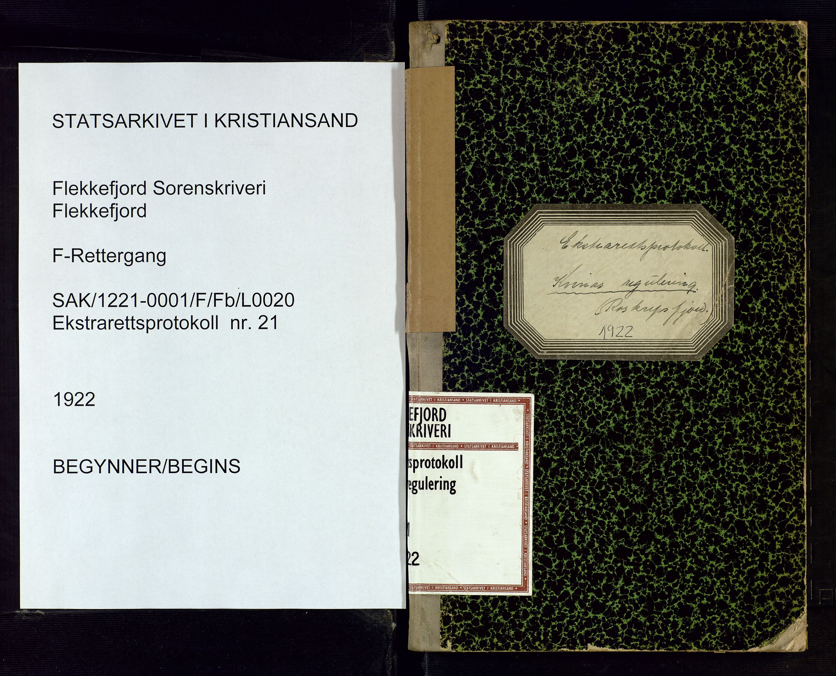 Flekkefjord sorenskriveri, SAK/1221-0001/F/Fb/L0020: Ekstrarettsprotokoll nr. 21, 1922