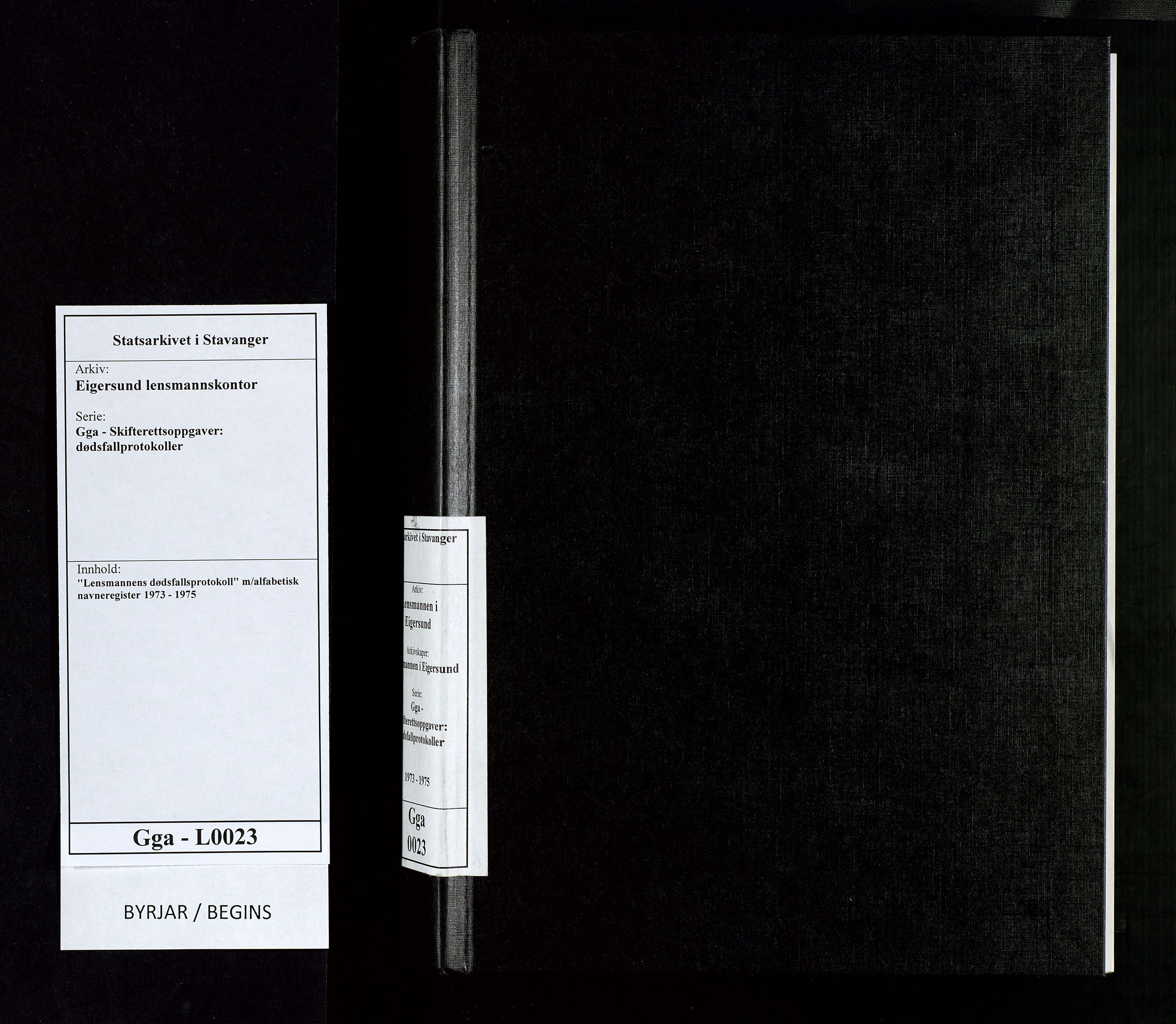 Eigersund lensmannskontor, AV/SAST-A-100171/Gga/L0023: "Lensmannens dødsfallsprotokoll" m/alfabetisk navneregister, 1973-1975