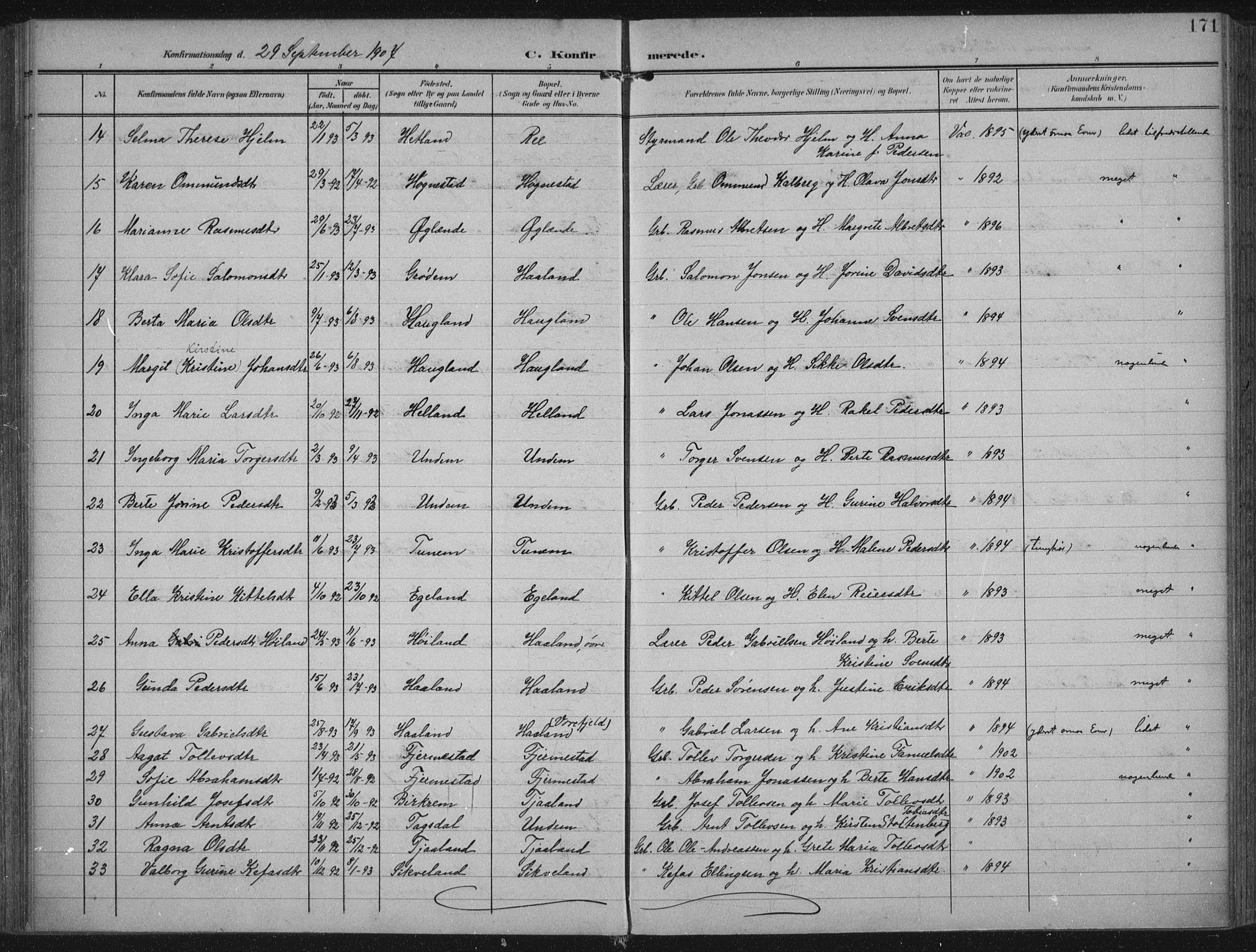 Lye sokneprestkontor, AV/SAST-A-101794/002/A/L0001: Parish register (official) no. A 12, 1904-1920, p. 171