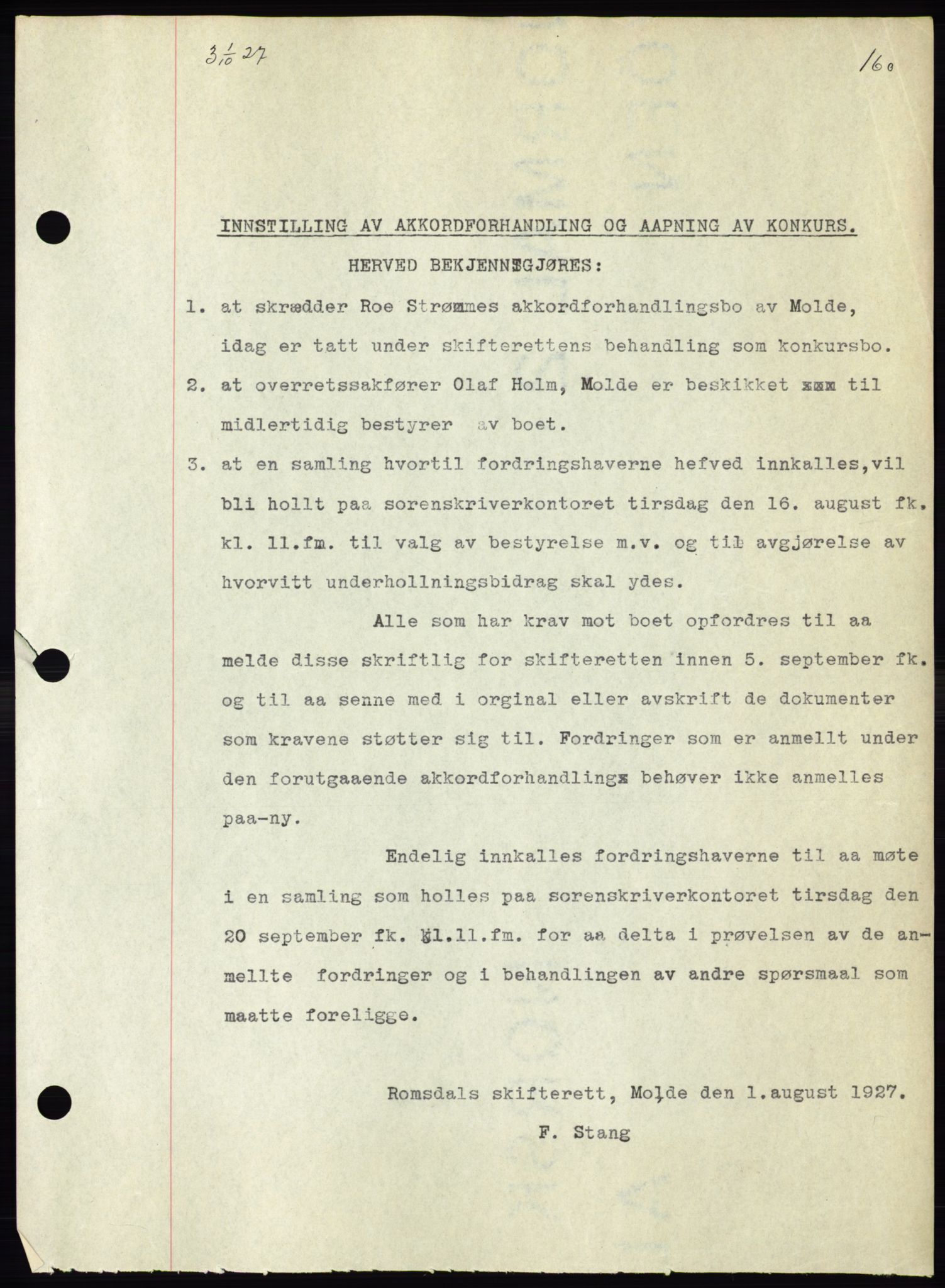 Molde byfogd, AV/SAT-A-0025/2/2C/L0011: Mortgage book no. 11, 1926-1932, Deed date: 01.10.1927