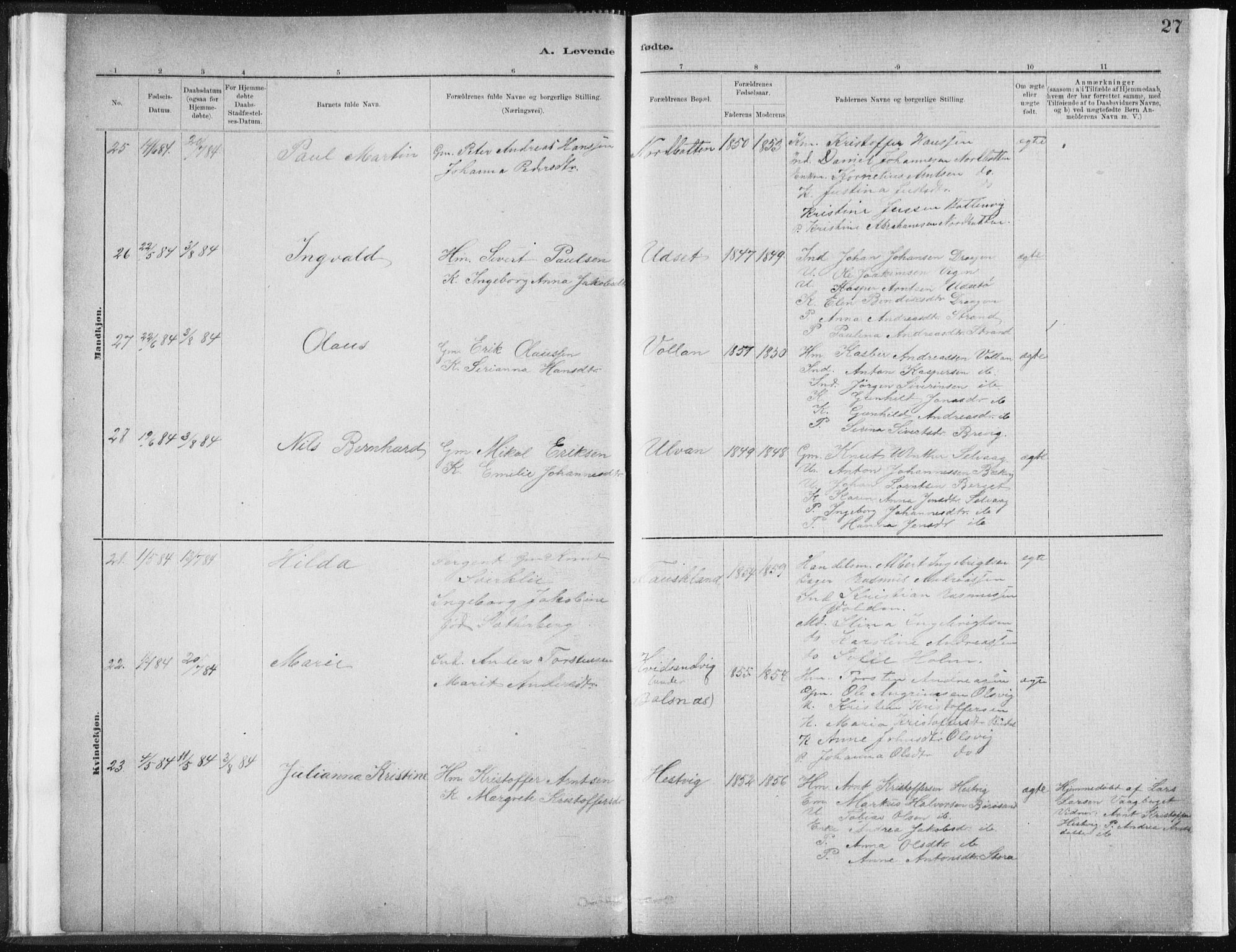 Ministerialprotokoller, klokkerbøker og fødselsregistre - Sør-Trøndelag, AV/SAT-A-1456/637/L0558: Parish register (official) no. 637A01, 1882-1899, p. 27