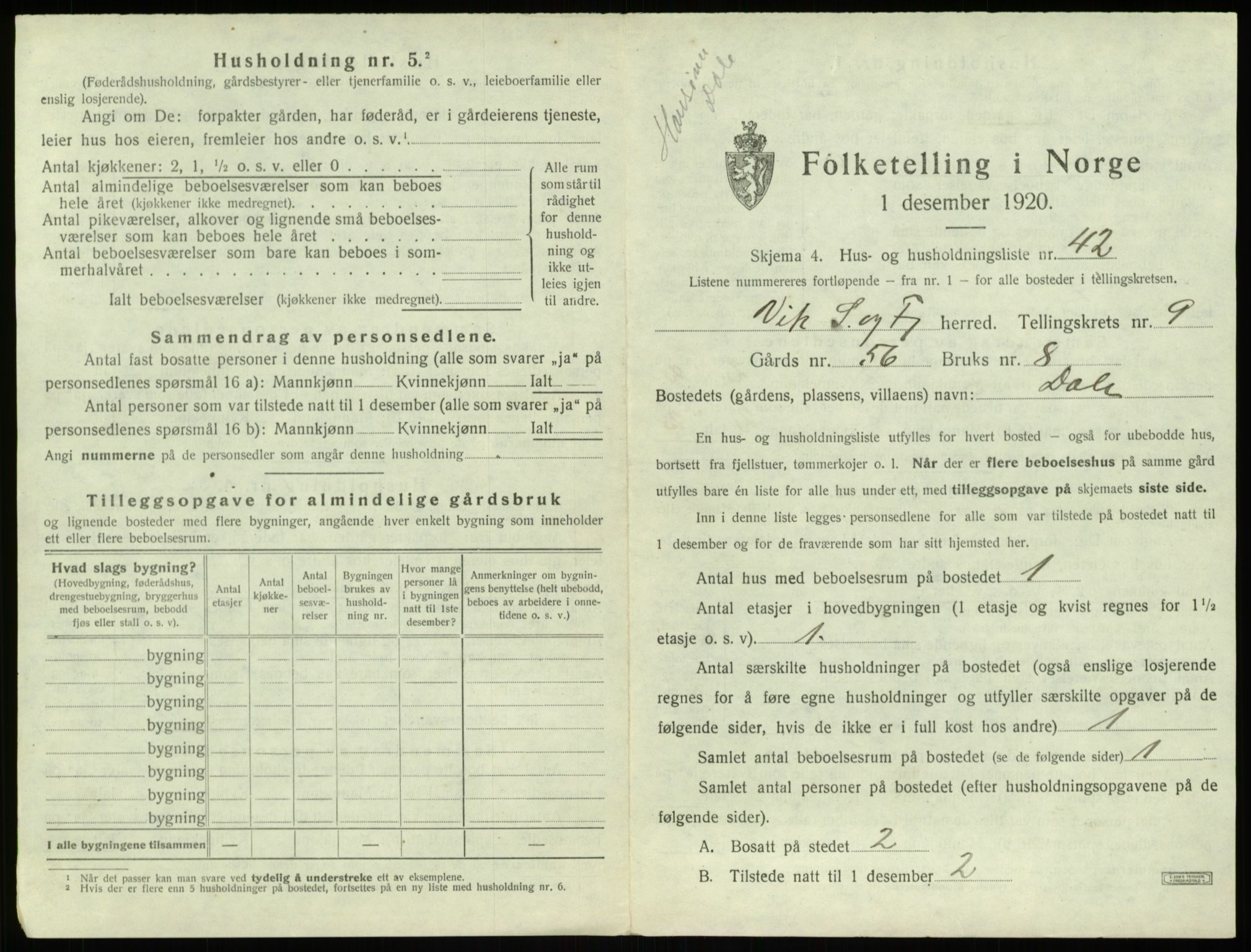 SAB, 1920 census for Vik, 1920, p. 982