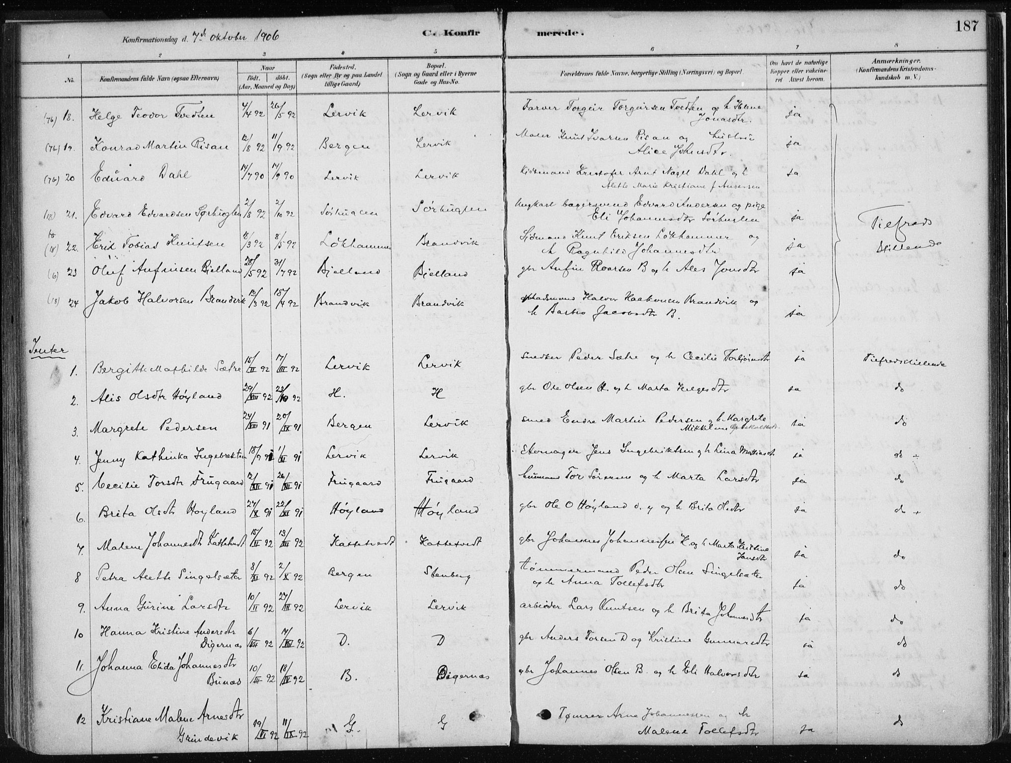 Stord sokneprestembete, AV/SAB-A-78201/H/Haa: Parish register (official) no. B 2, 1878-1913, p. 187