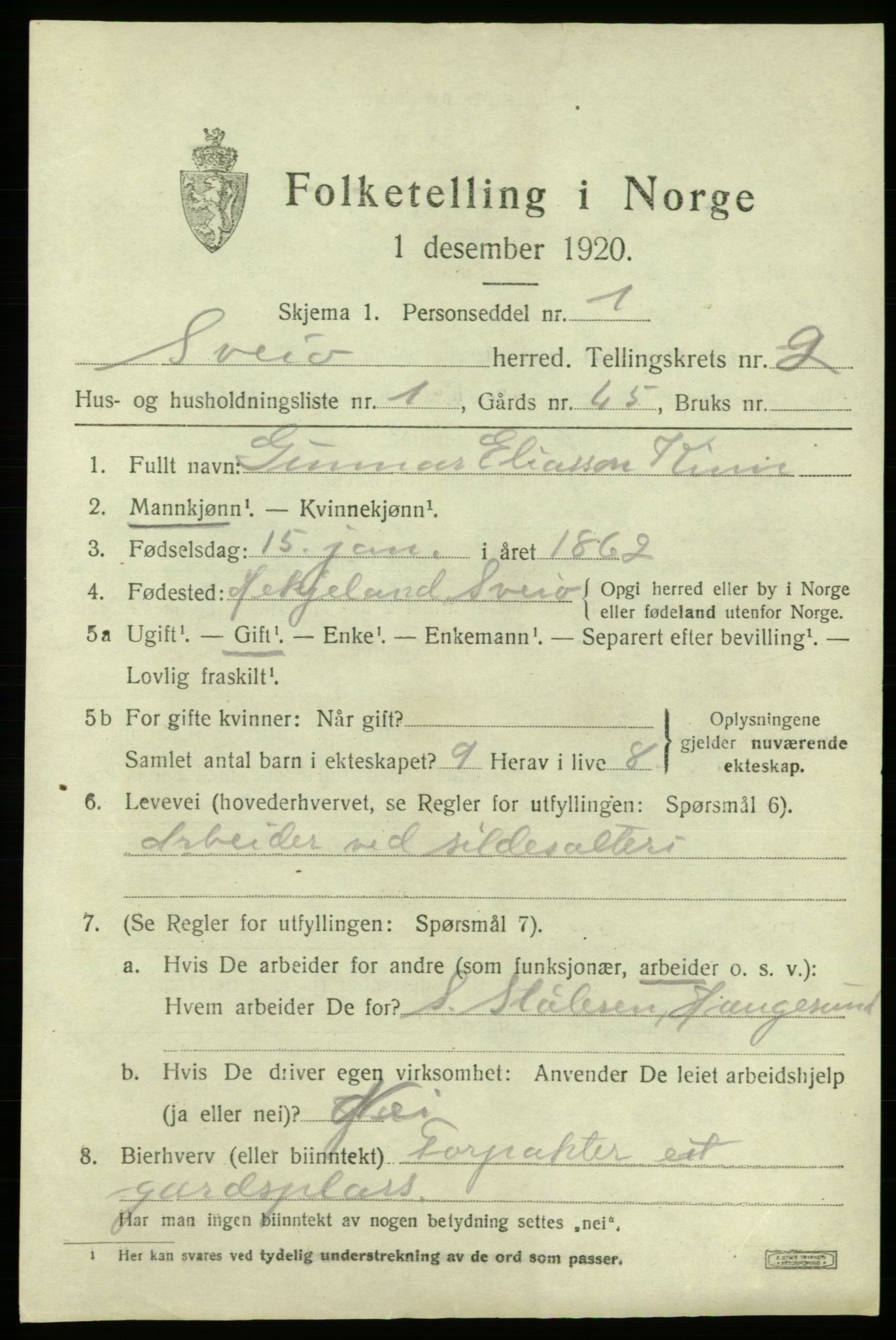 SAB, 1920 census for Sveio, 1920, p. 1306