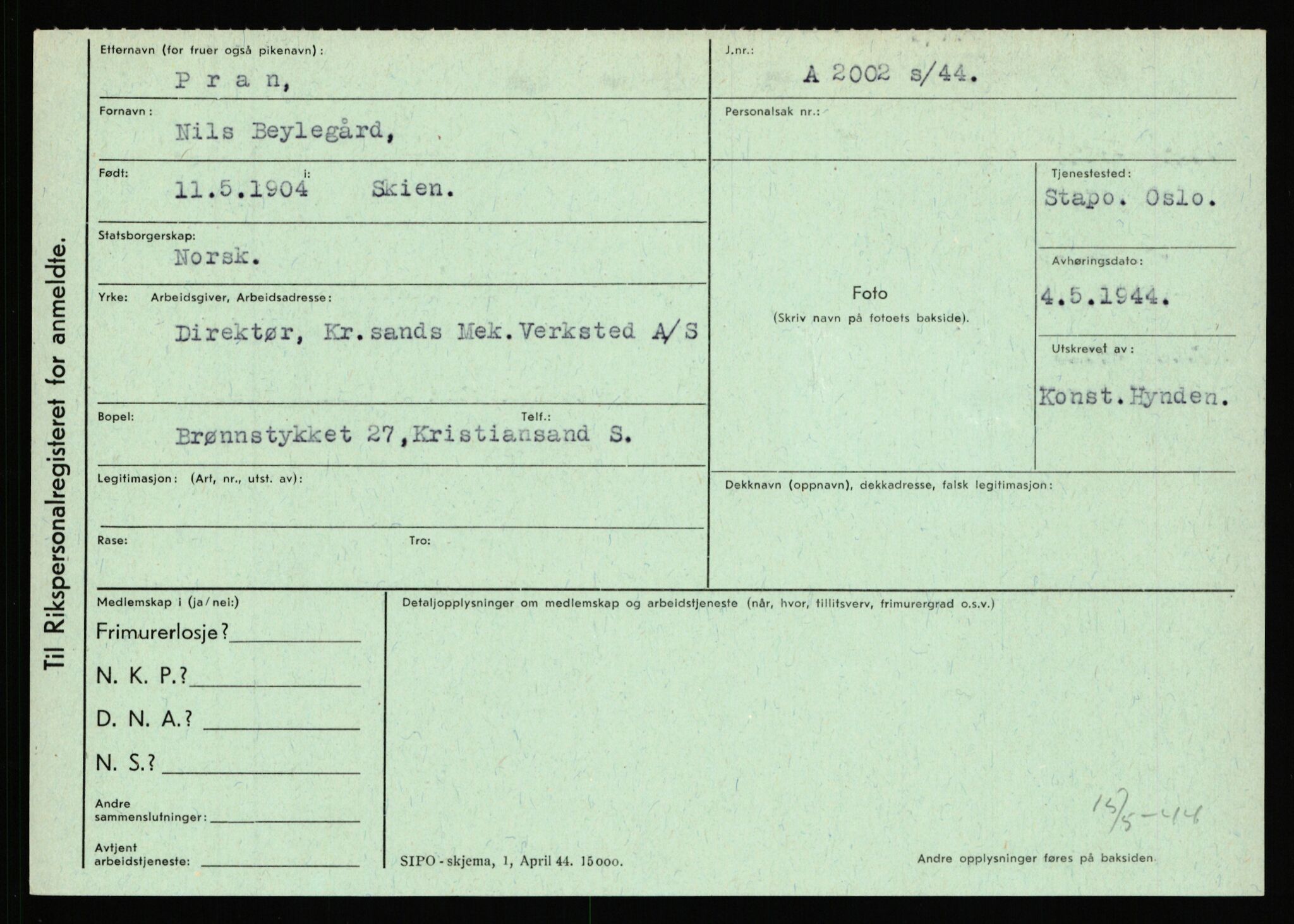 Statspolitiet - Hovedkontoret / Osloavdelingen, AV/RA-S-1329/C/Ca/L0012: Oanæs - Quistgaard	, 1943-1945, p. 4752