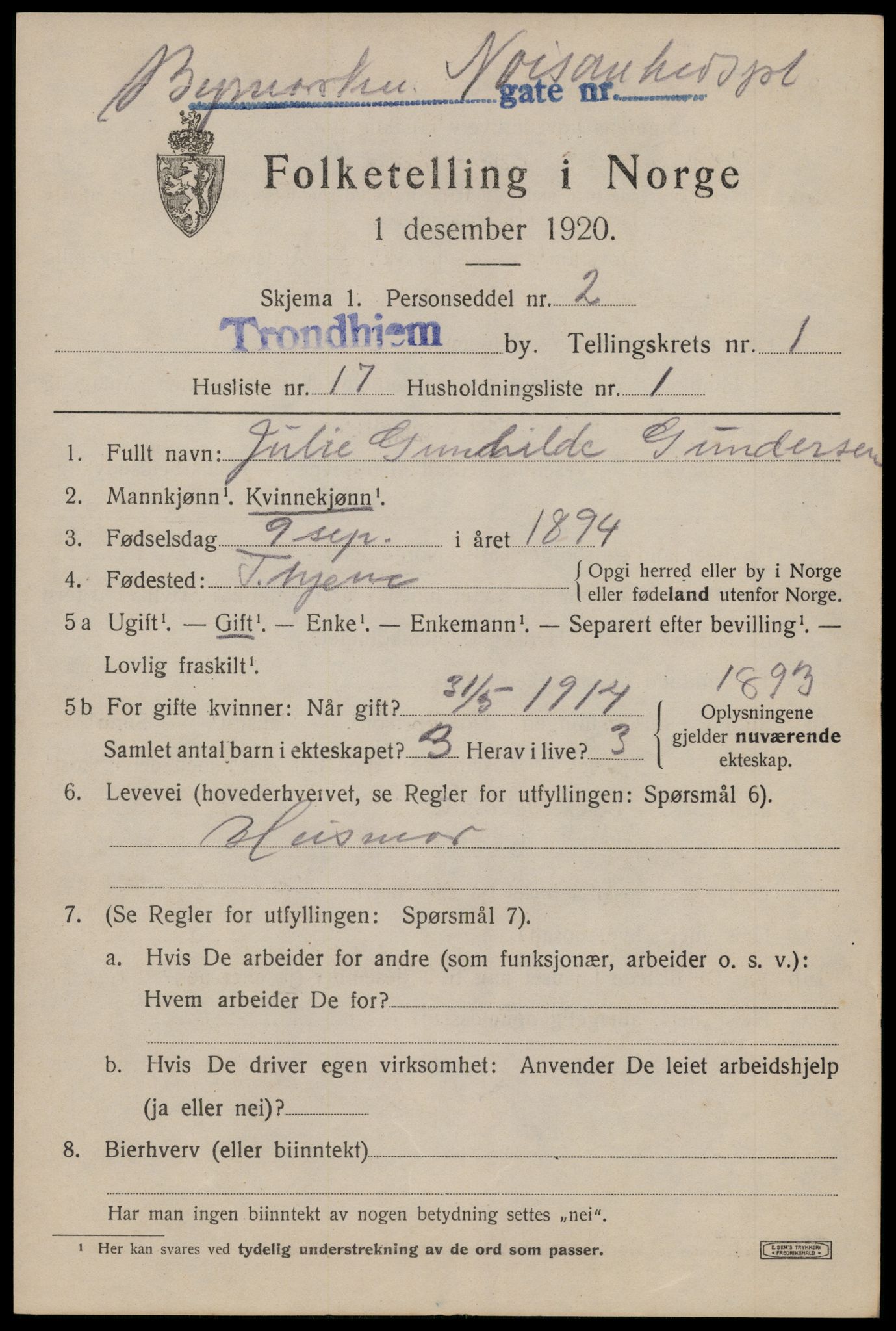 SAT, 1920 census for Trondheim, 1920, p. 32932