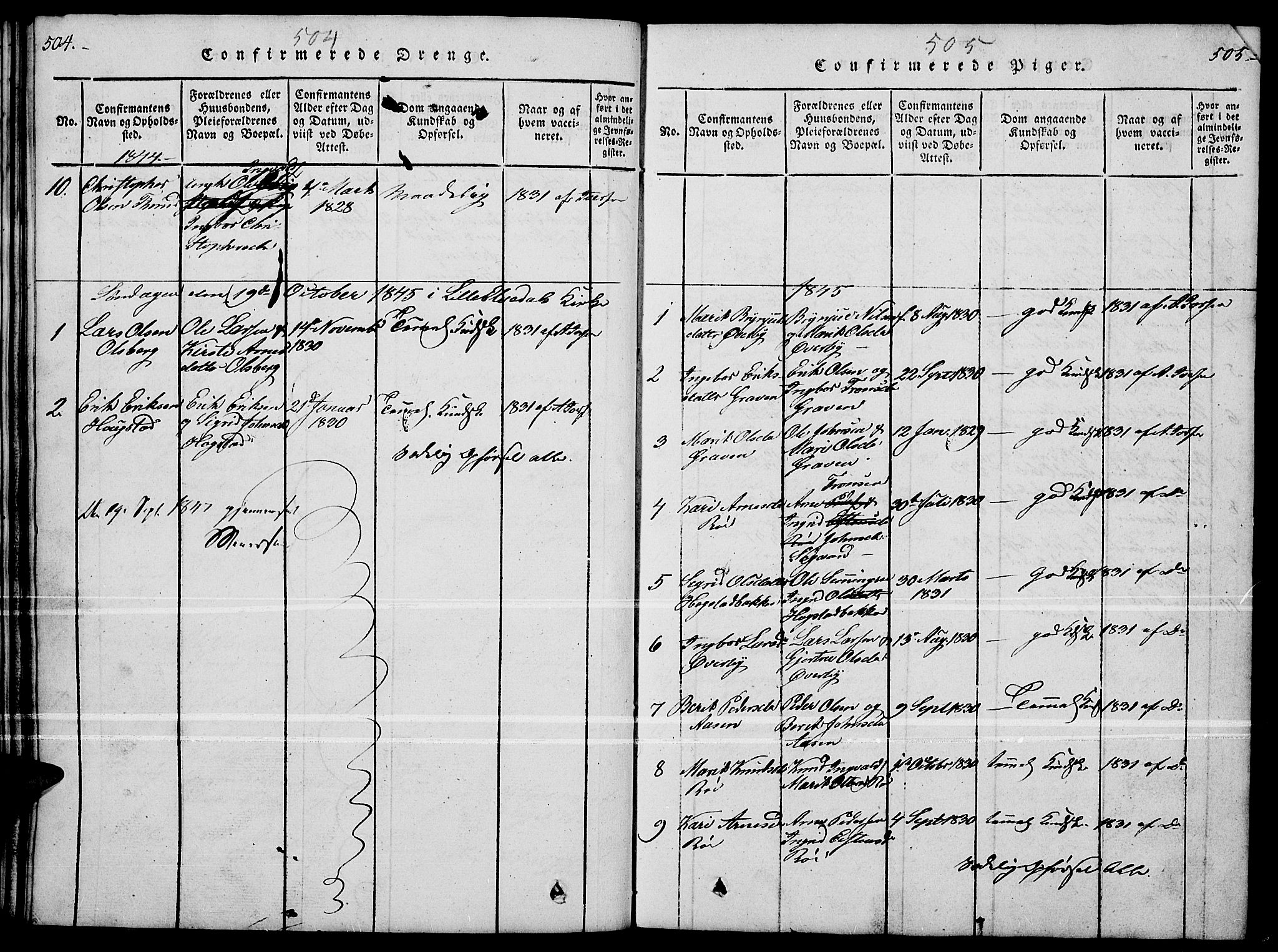 Tynset prestekontor, SAH/PREST-058/H/Ha/Hab/L0004: Parish register (copy) no. 4, 1814-1879, p. 504-505