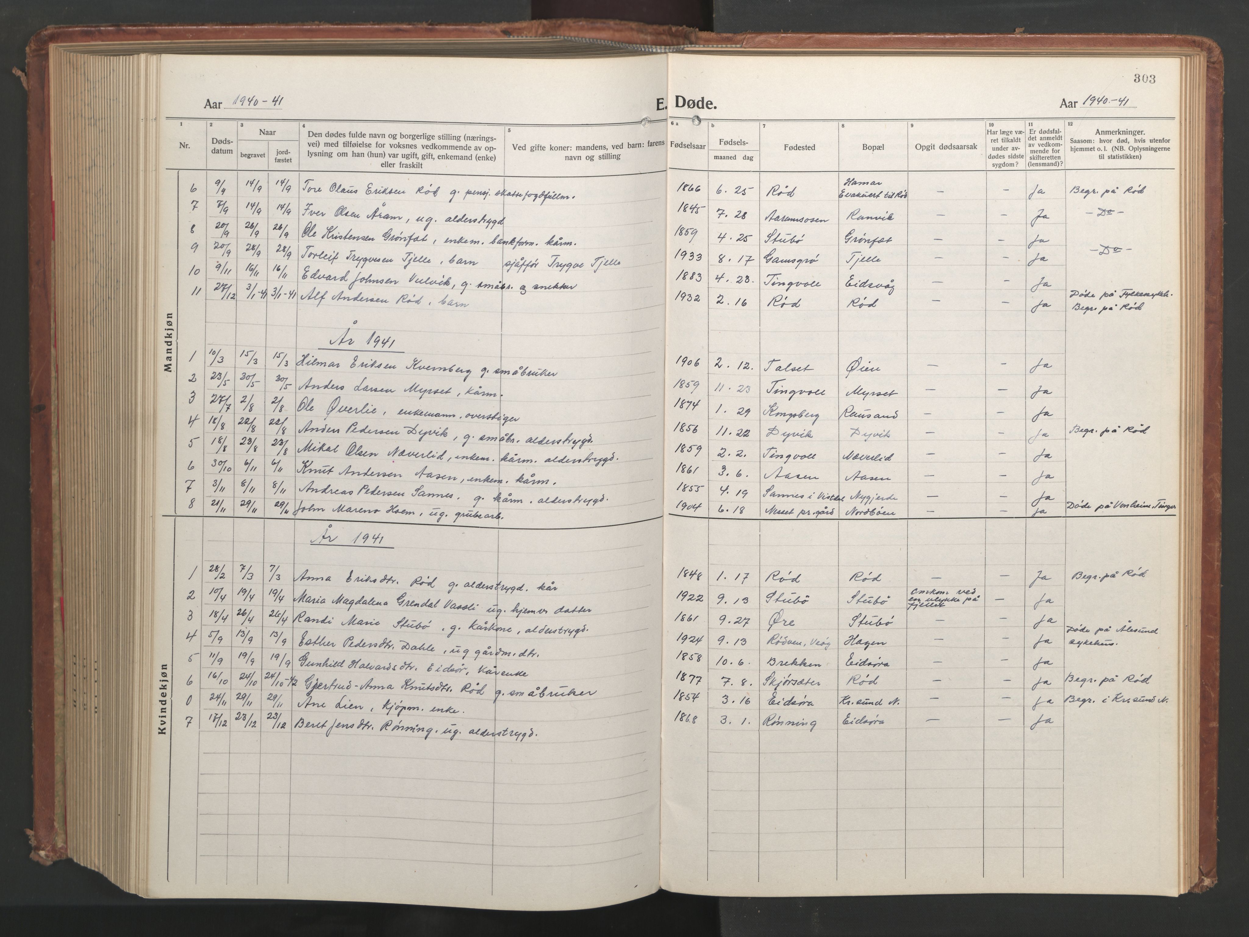 Ministerialprotokoller, klokkerbøker og fødselsregistre - Møre og Romsdal, SAT/A-1454/551/L0633: Parish register (copy) no. 551C05, 1921-1961, p. 303