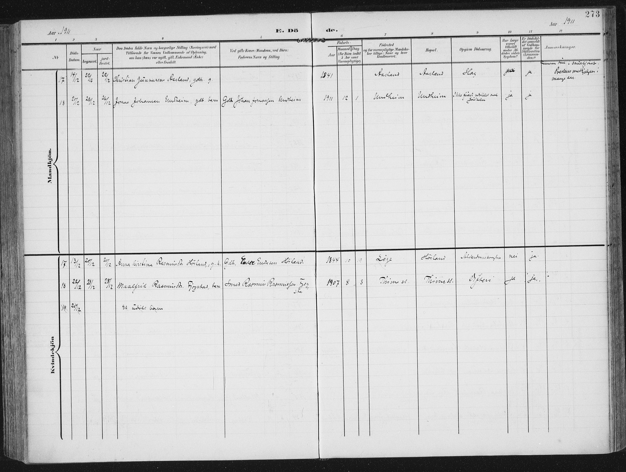 Lye sokneprestkontor, AV/SAST-A-101794/002/A/L0001: Parish register (official) no. A 12, 1904-1920, p. 273