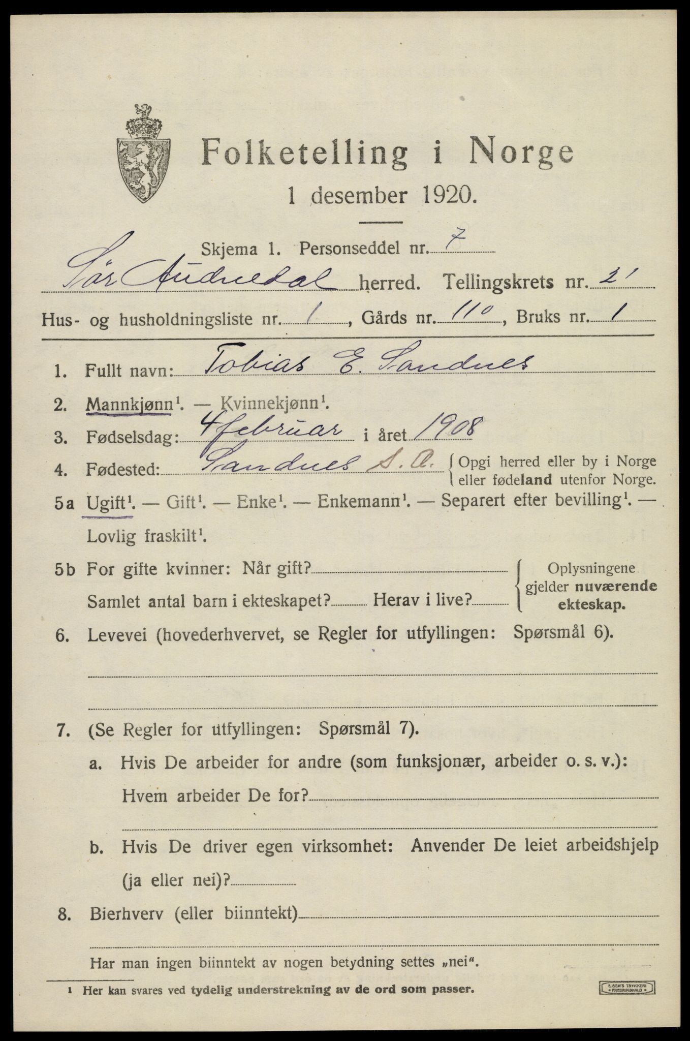 SAK, 1920 census for Sør-Audnedal, 1920, p. 6939