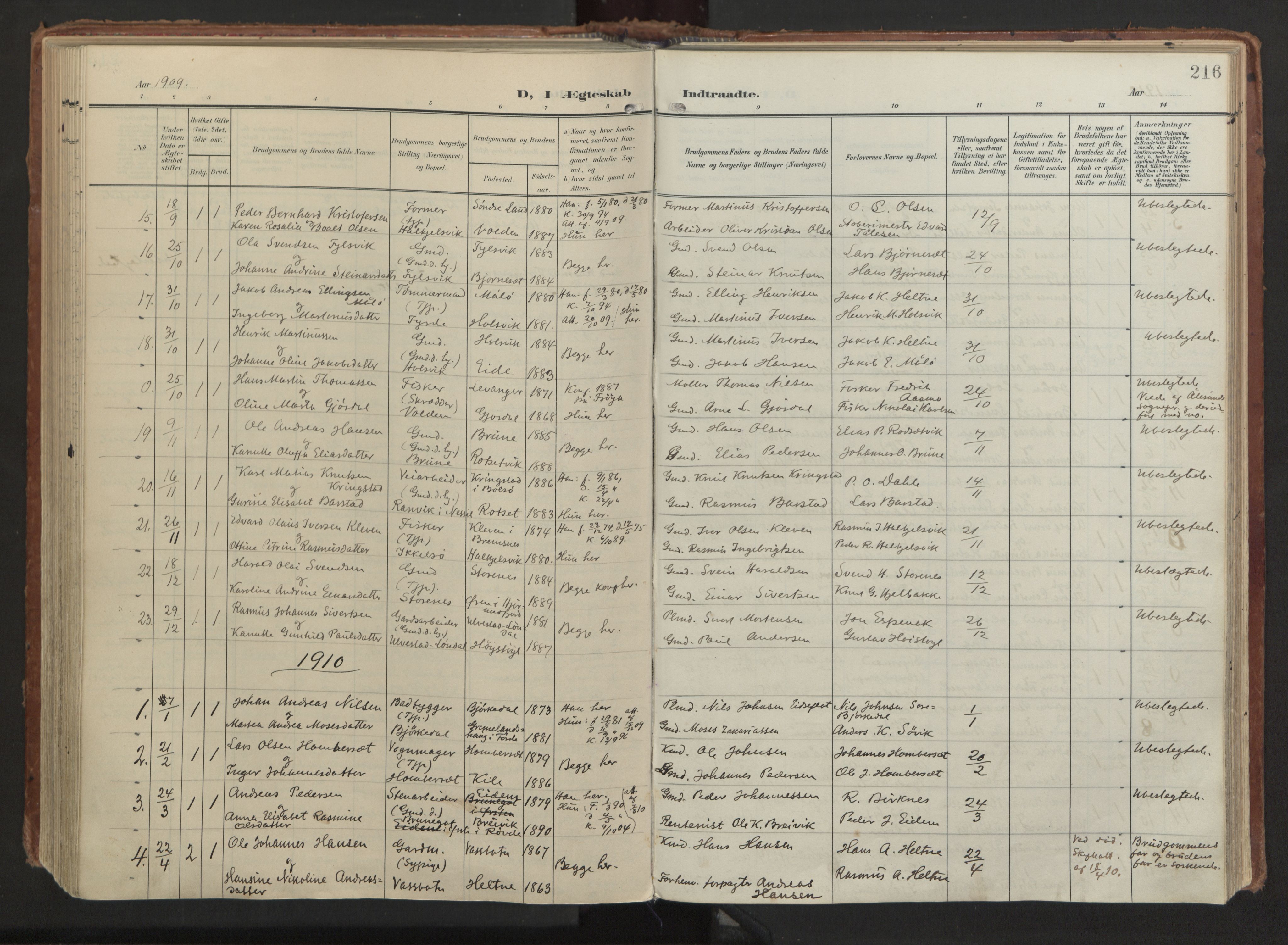 Ministerialprotokoller, klokkerbøker og fødselsregistre - Møre og Romsdal, AV/SAT-A-1454/511/L0144: Parish register (official) no. 511A11, 1906-1923, p. 216