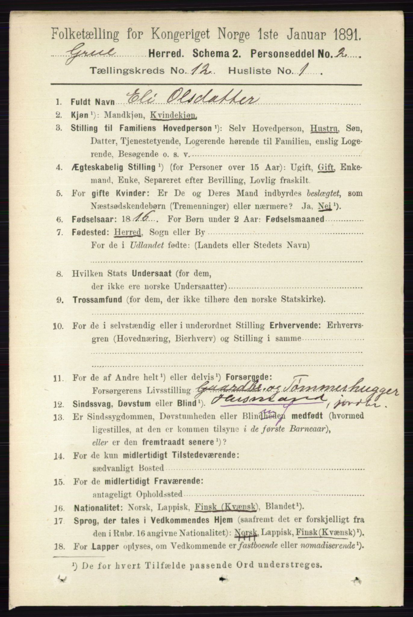 RA, 1891 census for 0423 Grue, 1891, p. 6120