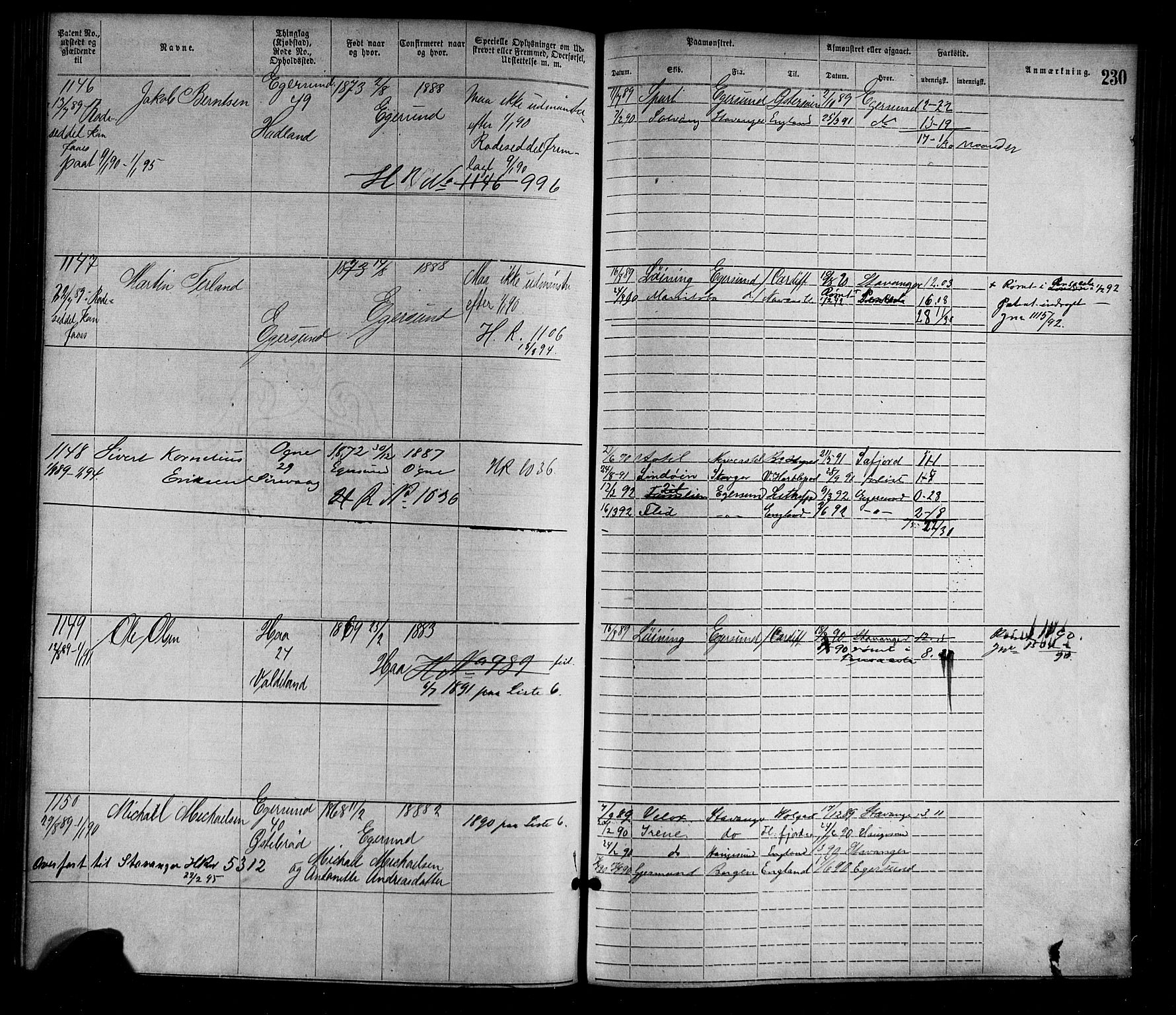 Egersund mønstringskrets, SAK/2031-0019/F/Fa/L0001: Annotasjonsrulle nr 1-1440 med register, O-1, 1869-1895, p. 254