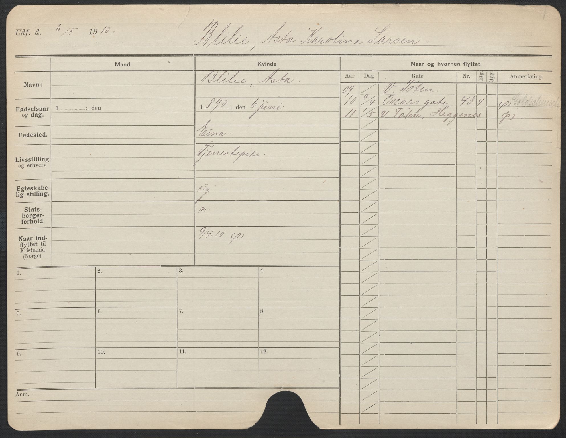 Oslo folkeregister, Registerkort, AV/SAO-A-11715/F/Fa/Fac/L0013: Kvinner, 1906-1914, p. 528a