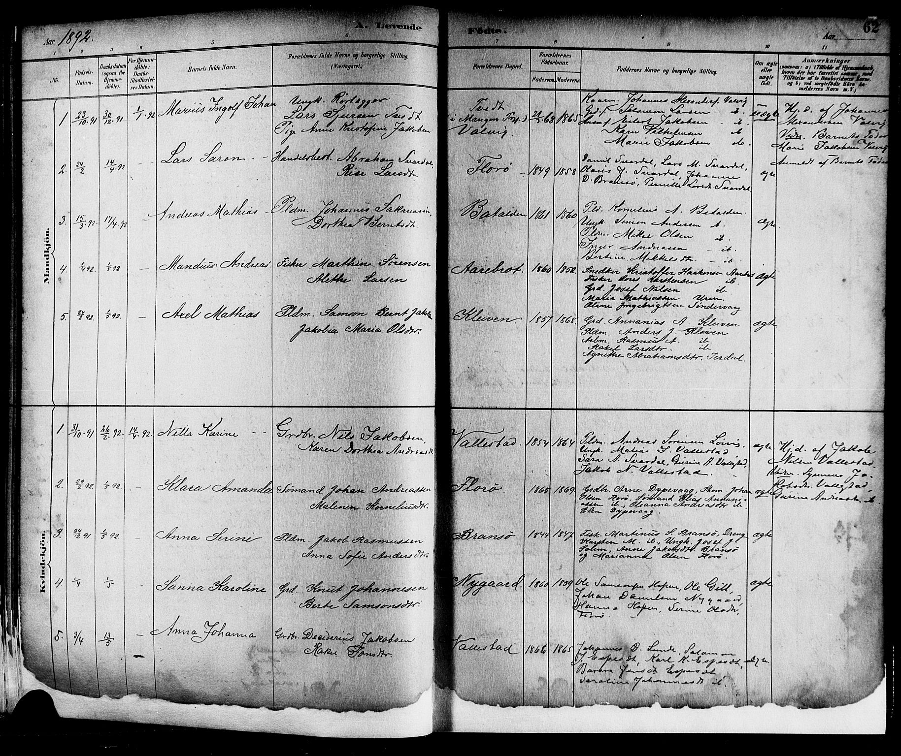 Kinn sokneprestembete, AV/SAB-A-80801/H/Hab/Haba/L0002: Parish register (copy) no. A 2, 1882-1906, p. 62